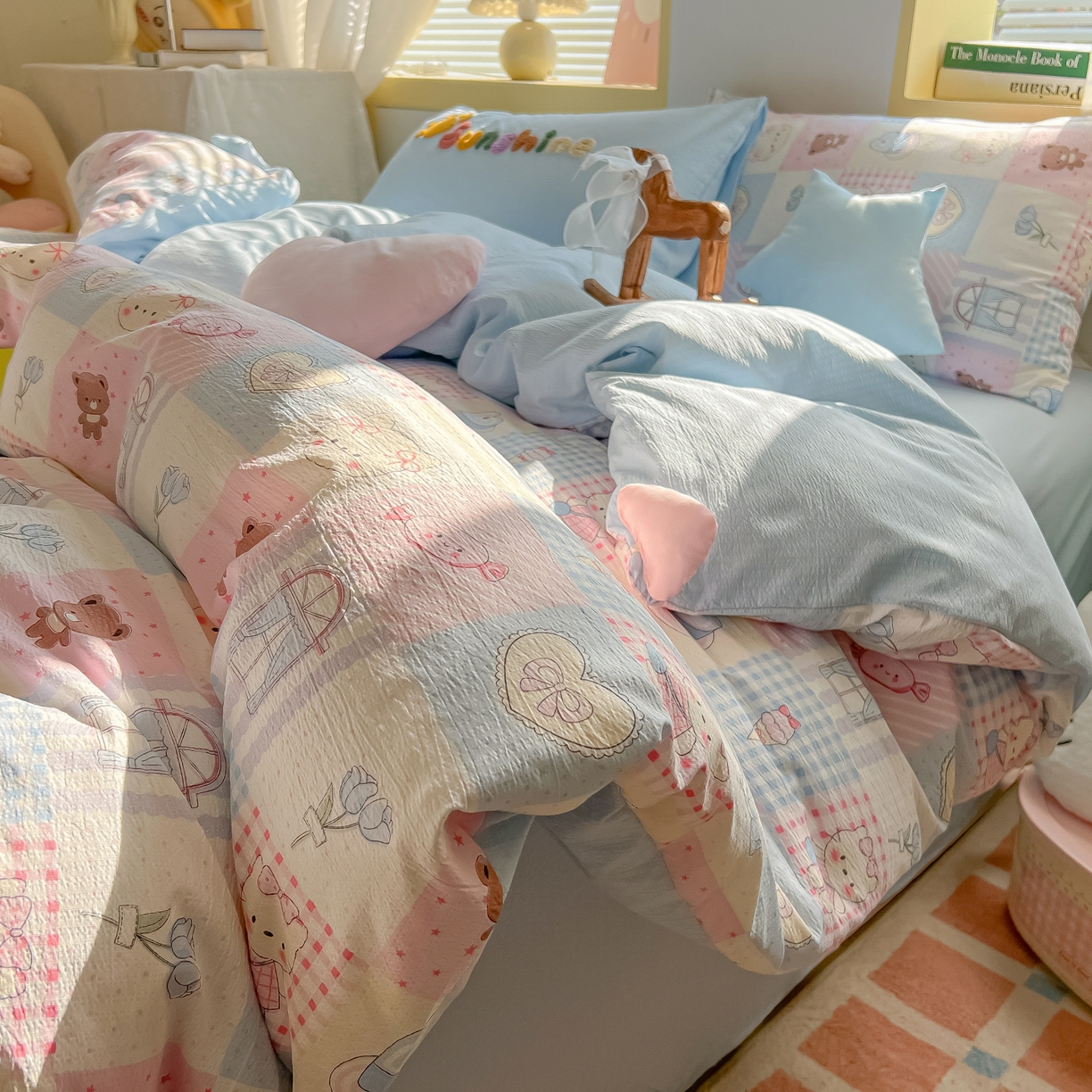 91家纺网 家纺一手货源 找家纺 （总）子钦家纺 2026春夏新款提花泡芙棉可爱小清新手工爱心小星星系列床单床笠四件套-流星花园