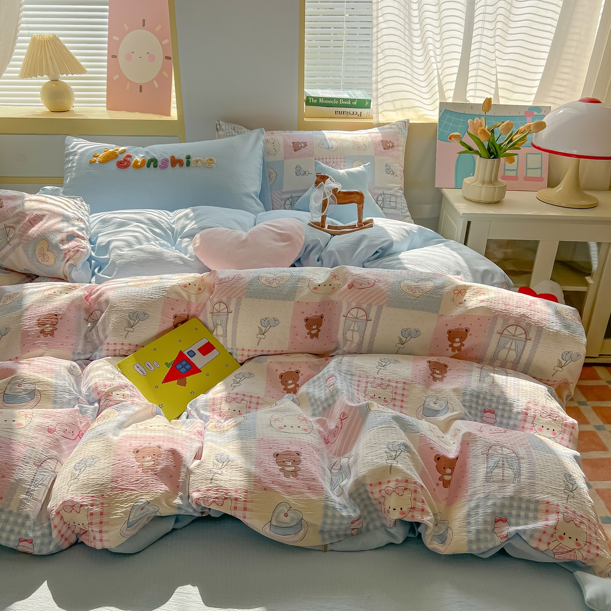 91家纺网 家纺一手货源 找家纺 （总）子钦家纺 2026春夏新款提花泡芙棉可爱小清新手工爱心小星星系列床单床笠四件套-流星花园