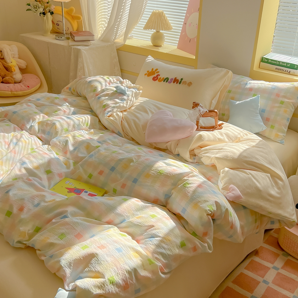 91家纺网 家纺一手货源 找家纺 子钦家纺 2026春夏新款提花泡芙棉可爱小清新手工爱心小星星系列床单床笠四件套-流星花园 流星花园-七彩格