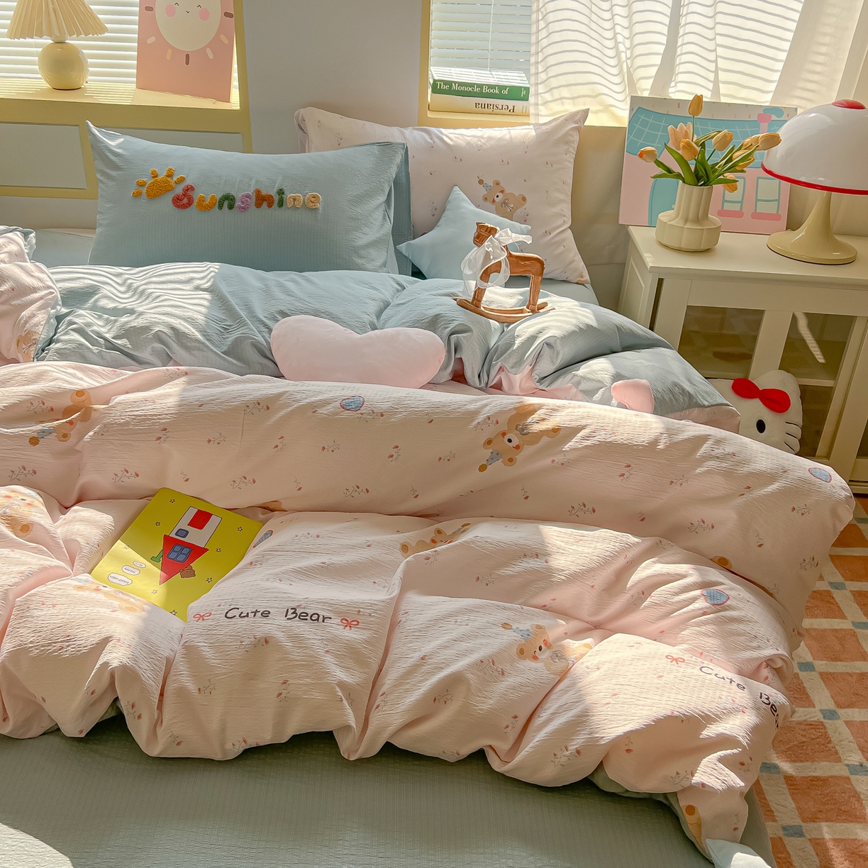 子钦家纺 2026春夏新款提花泡芙棉可爱小清新手工爱心小星星系列床单床笠四件套-流星花园 流星花园-生日熊