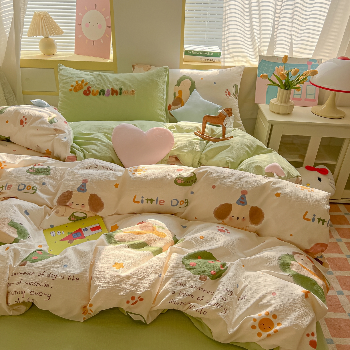 子钦家纺 2026春夏新款提花泡芙棉可爱小清新手工爱心小星星系列床单床笠四件套-流星花园 流行花园-趴趴狗