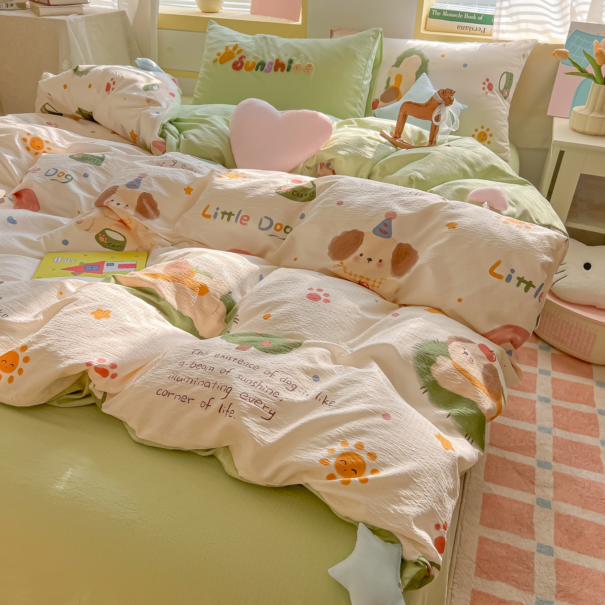 91家纺网 家纺一手货源 找家纺 子钦家纺 2026春夏新款提花泡芙棉可爱小清新手工爱心小星星系列床单床笠四件套-流星花园 流行花园-趴趴狗