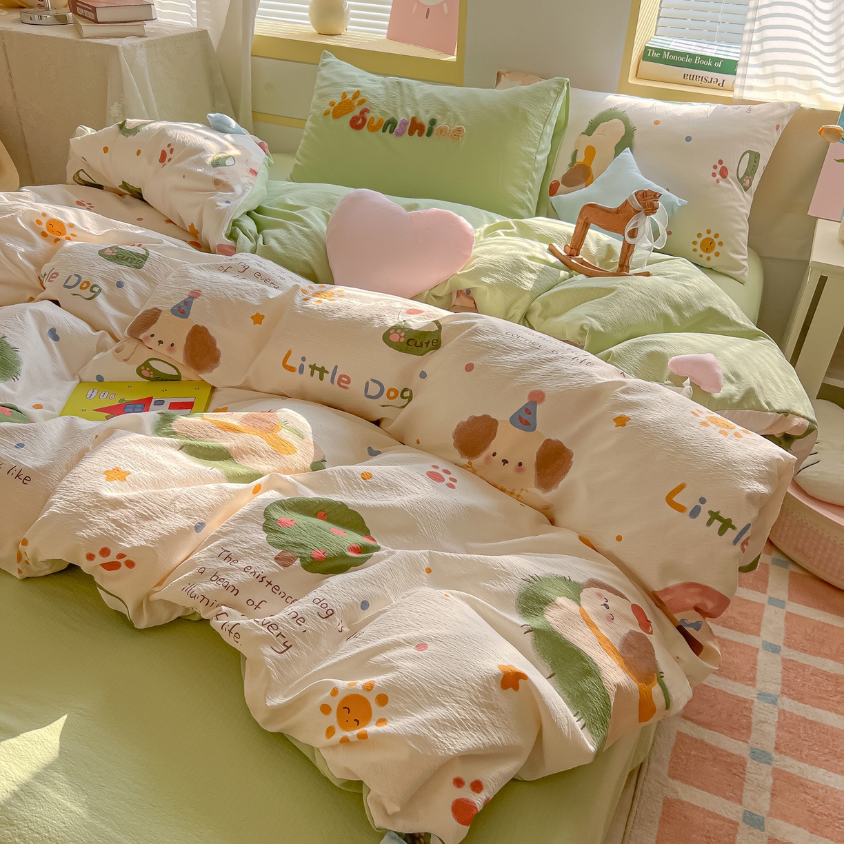 91家纺网 家纺一手货源 找家纺 子钦家纺 2026春夏新款提花泡芙棉可爱小清新手工爱心小星星系列床单床笠四件套-流星花园 流行花园-趴趴狗