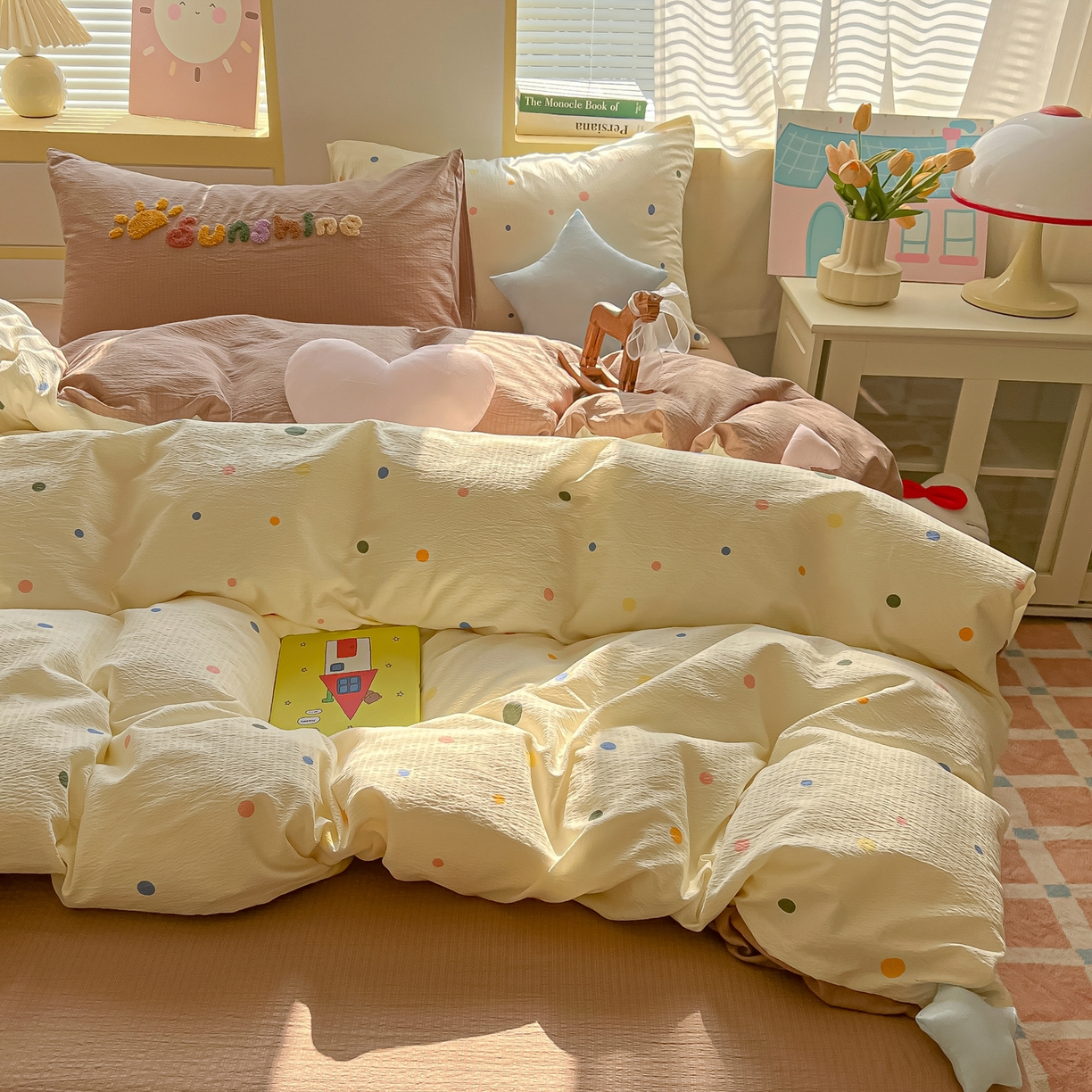 91家纺网 家纺一手货源 找家纺 子钦家纺 2026春夏新款提花泡芙棉可爱小清新手工爱心小星星系列床单床笠四件套-流星花园 流星花园-七彩波点