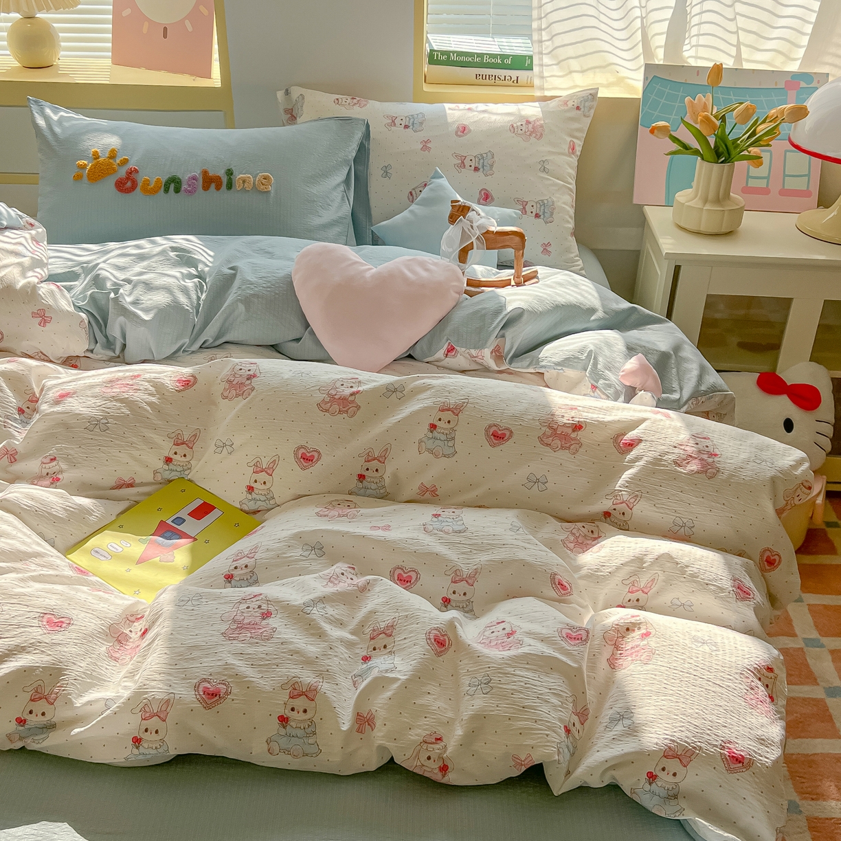 91家纺网 家纺一手货源 找家纺 子钦家纺 2026春夏新款提花泡芙棉可爱小清新手工爱心小星星系列床单床笠四件套-流星花园 流星花园-洛丽塔