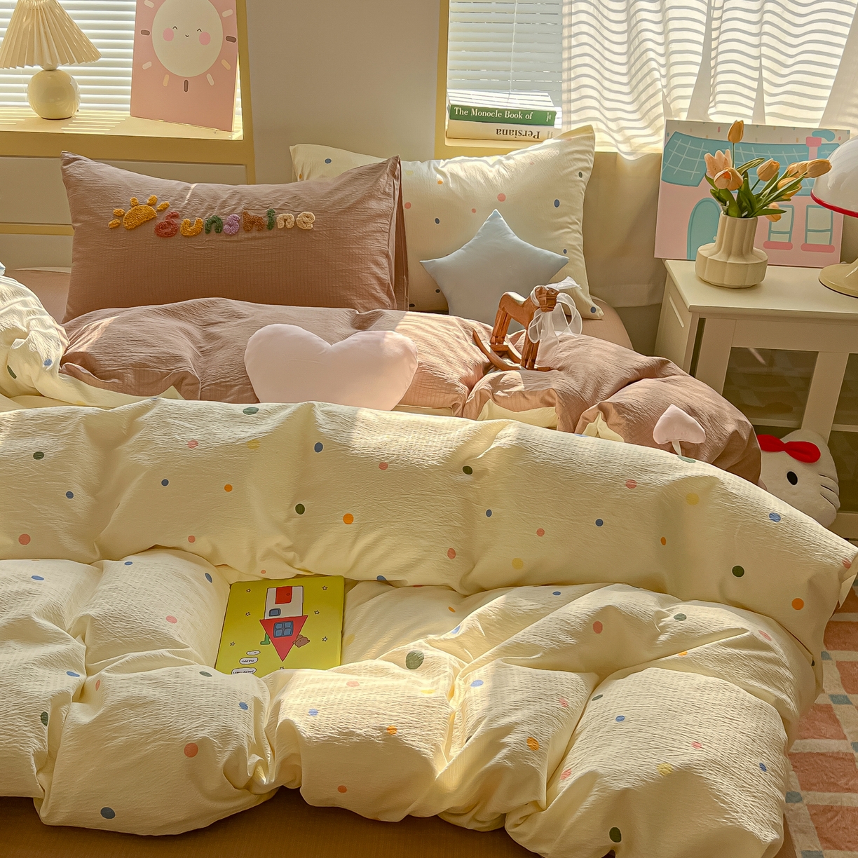 子钦家纺 2026春夏新款提花泡芙棉可爱小清新手工爱心小星星系列床单床笠四件套-流星花园 流星花园-七彩波点