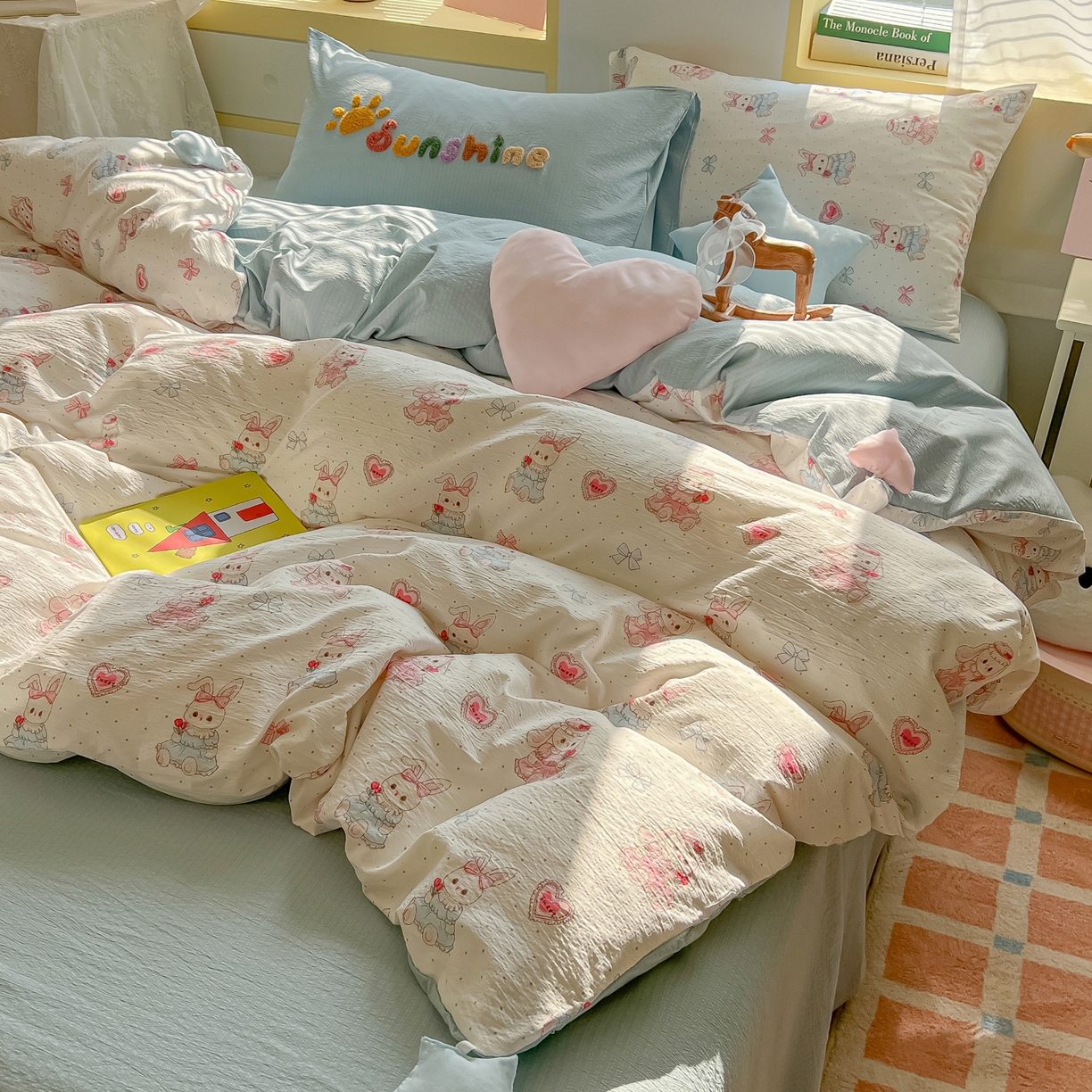 91家纺网 家纺一手货源 找家纺 子钦家纺 2026春夏新款提花泡芙棉可爱小清新手工爱心小星星系列床单床笠四件套-流星花园 流星花园-洛丽塔