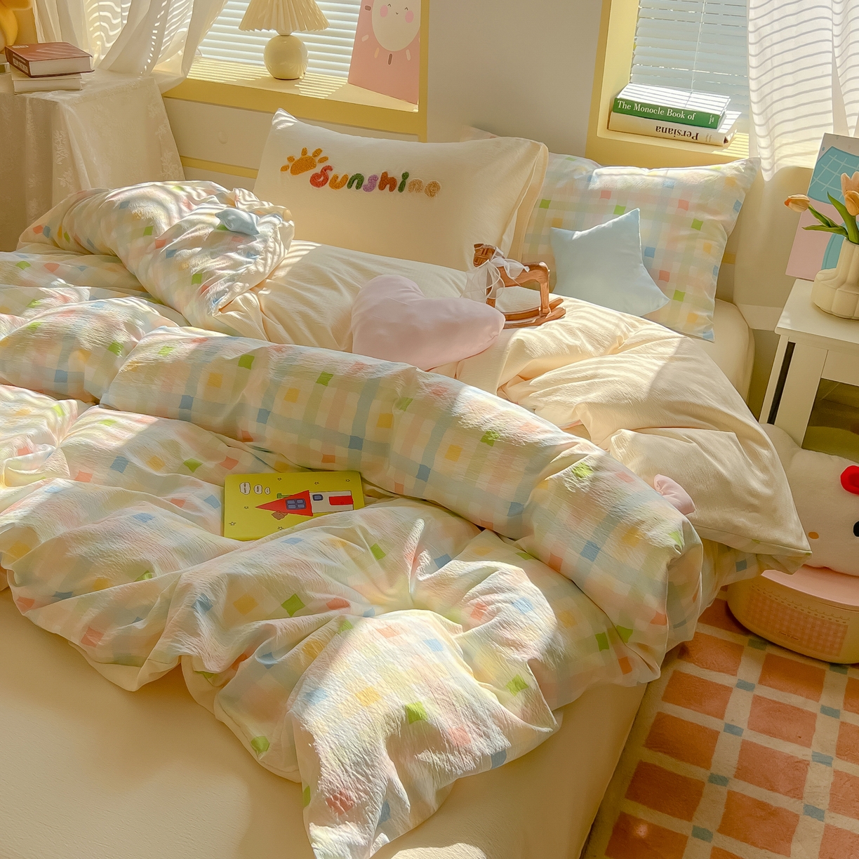 91家纺网 家纺一手货源 找家纺 子钦家纺 2026春夏新款提花泡芙棉可爱小清新手工爱心小星星系列床单床笠四件套-流星花园 流星花园-七彩格