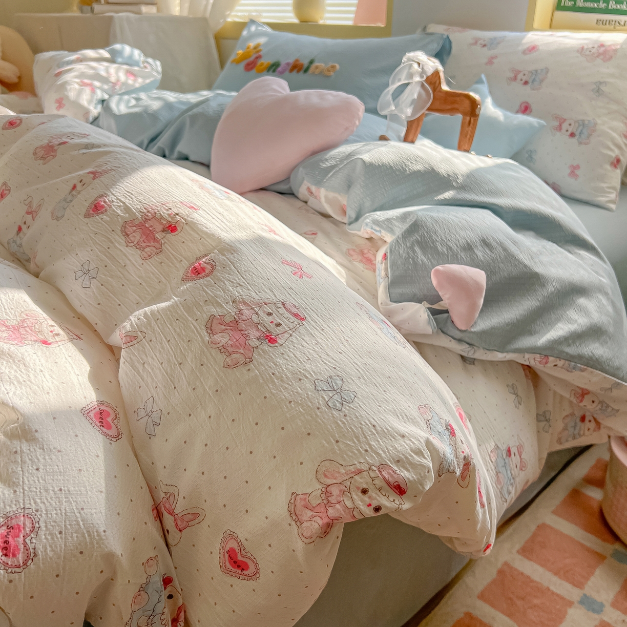 91家纺网 家纺一手货源 找家纺 子钦家纺 2026春夏新款提花泡芙棉可爱小清新手工爱心小星星系列床单床笠四件套-流星花园 流星花园-洛丽塔