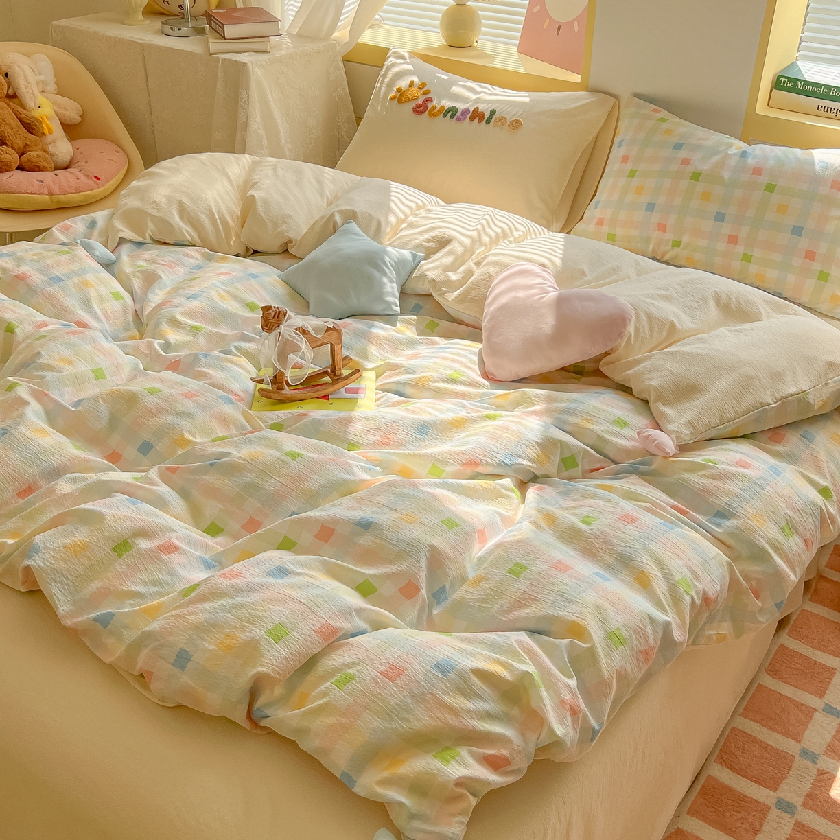 91家纺网 家纺一手货源 找家纺 子钦家纺 2026春夏新款提花泡芙棉可爱小清新手工爱心小星星系列床单床笠四件套-流星花园 流星花园-七彩格