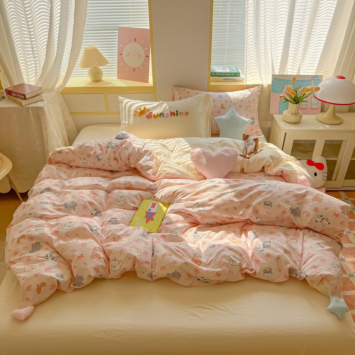 91家纺网 家纺一手货源 找家纺 子钦家纺 2026春夏新款提花泡芙棉可爱小清新手工爱心小星星系列床单床笠四件套-流星花园 流星花园-暖暖