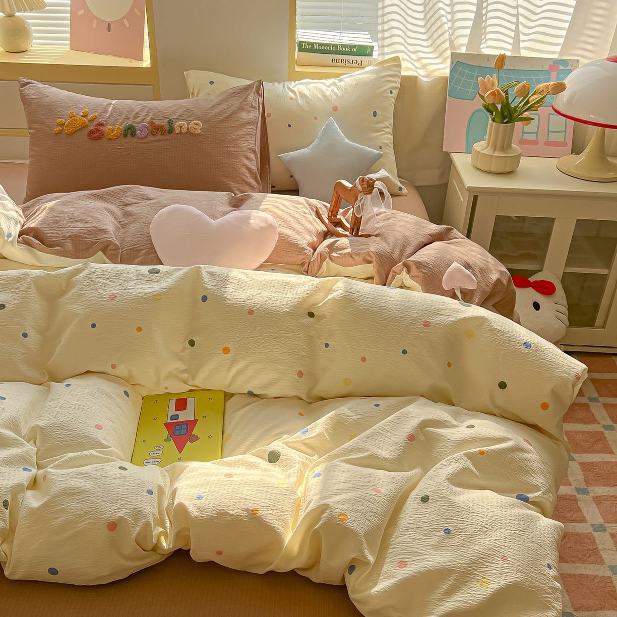91家纺网 家纺一手货源 找家纺 子钦家纺 2026春夏新款提花泡芙棉可爱小清新手工爱心小星星系列床单床笠四件套-流星花园 流星花园-七彩波点