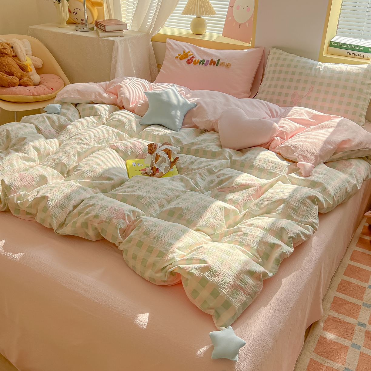 91家纺网 家纺一手货源 找家纺 子钦家纺 2026春夏新款提花泡芙棉可爱小清新手工爱心小星星系列床单床笠四件套-流星花园 流星花园-蝴蝶结格子