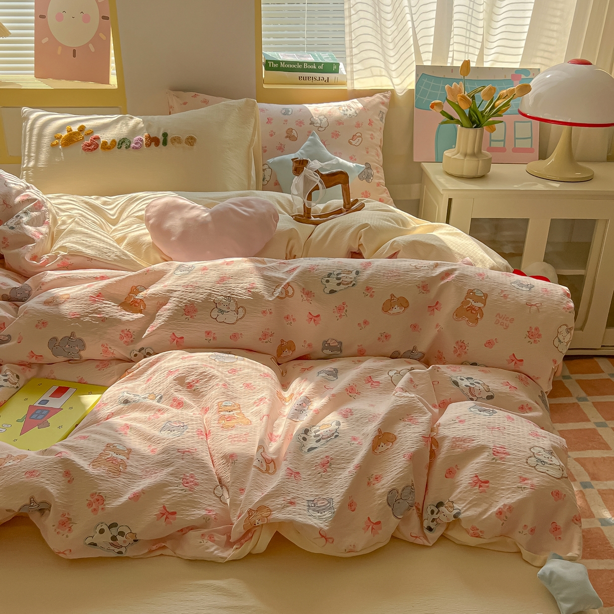 91家纺网 家纺一手货源 找家纺 子钦家纺 2026春夏新款提花泡芙棉可爱小清新手工爱心小星星系列床单床笠四件套-流星花园 流星花园-暖暖