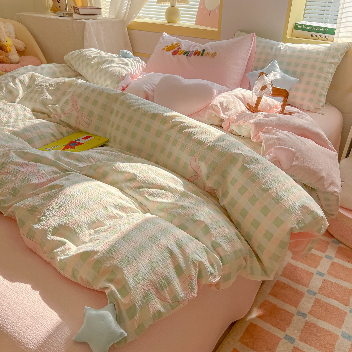 91家纺网 家纺一手货源 找家纺 子钦家纺 2026春夏新款提花泡芙棉可爱小清新手工爱心小星星系列床单床笠四件套-流星花园 流星花园-蝴蝶结格子