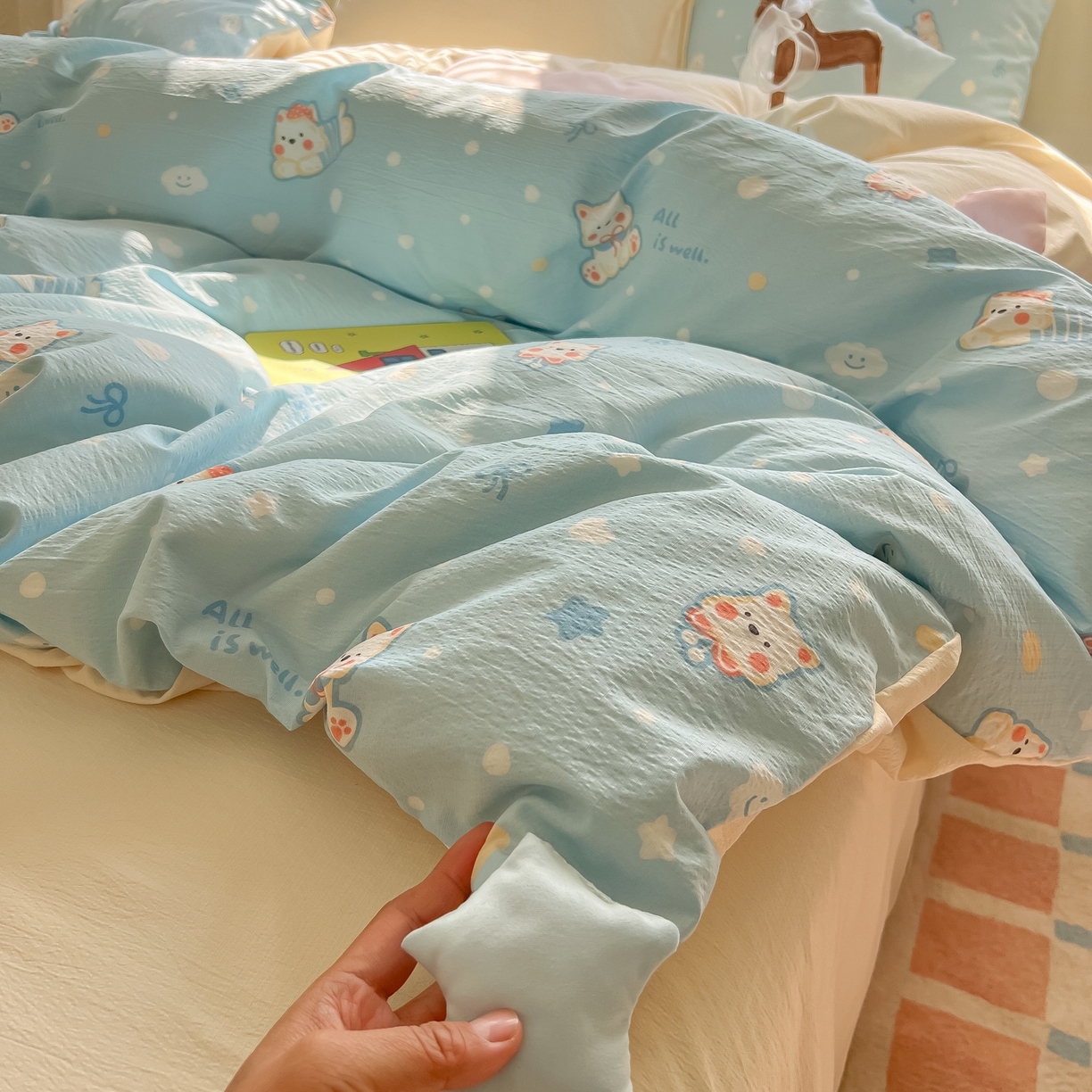 91家纺网 家纺一手货源 找家纺 子钦家纺 2026春夏新款提花泡芙棉可爱小清新手工爱心小星星系列床单床笠四件套-流星花园 流星花园-西高地