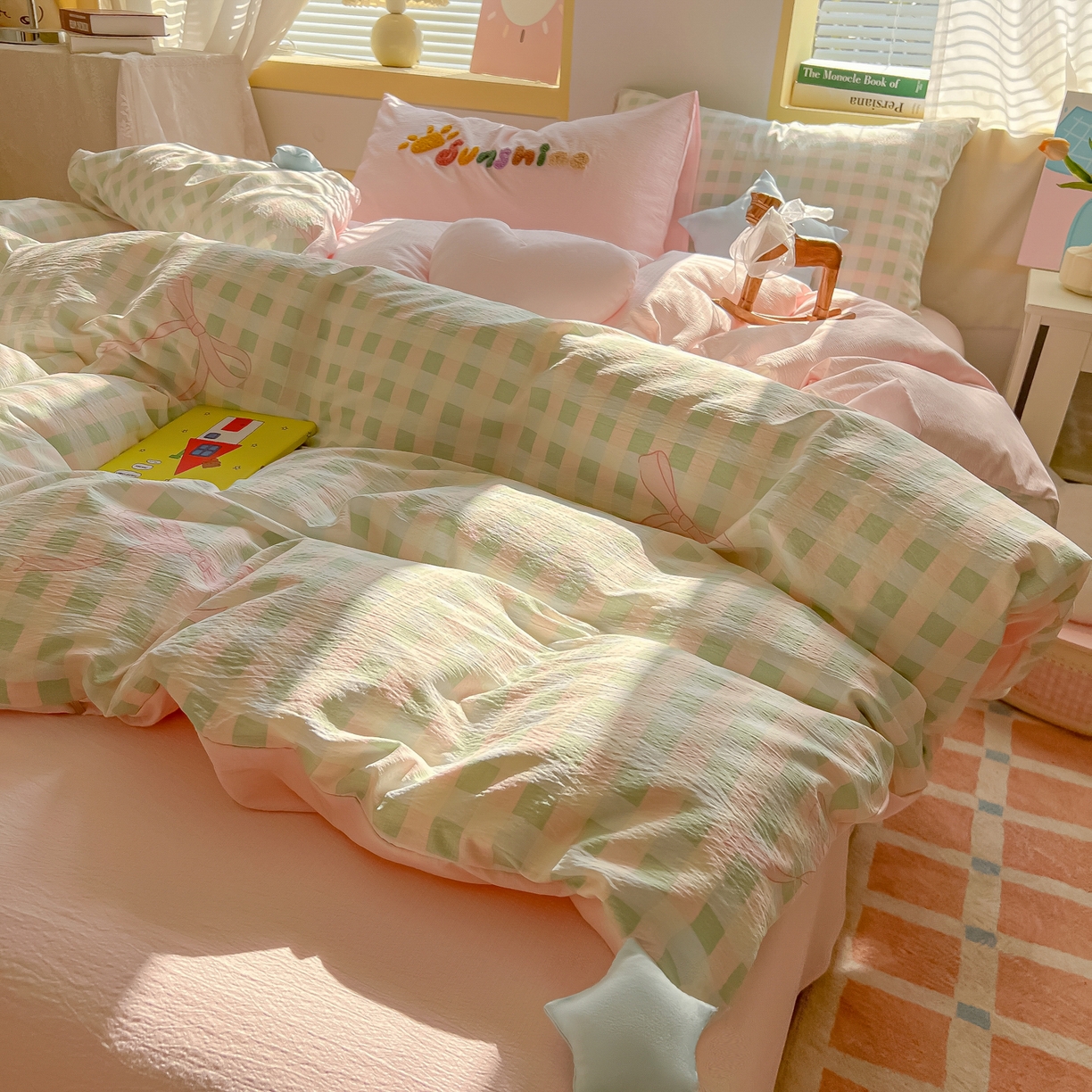 91家纺网 家纺一手货源 找家纺 子钦家纺 2026春夏新款提花泡芙棉可爱小清新手工爱心小星星系列床单床笠四件套-流星花园 流星花园-蝴蝶结格子