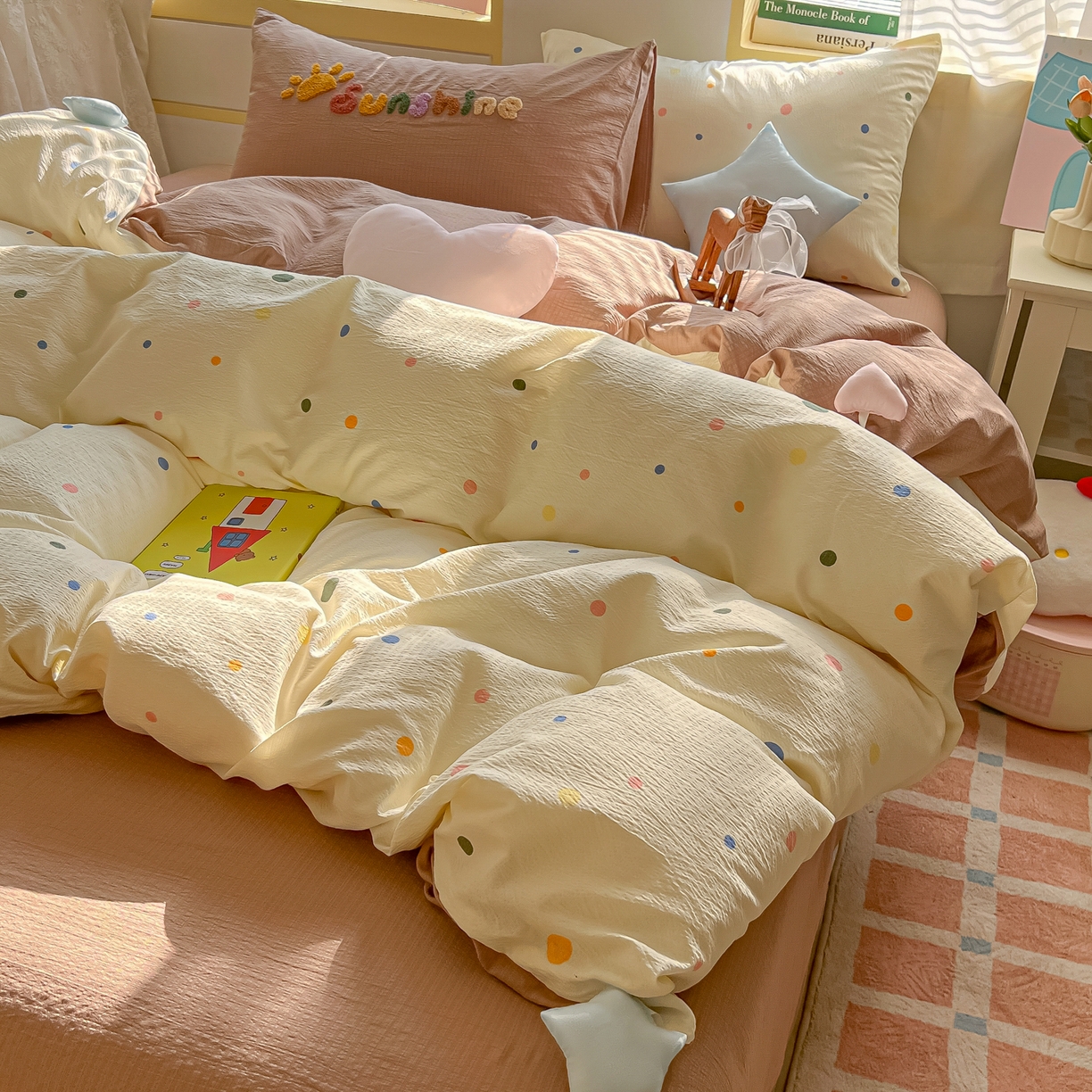 91家纺网 家纺一手货源 找家纺 子钦家纺 2026春夏新款提花泡芙棉可爱小清新手工爱心小星星系列床单床笠四件套-流星花园 流星花园-七彩波点