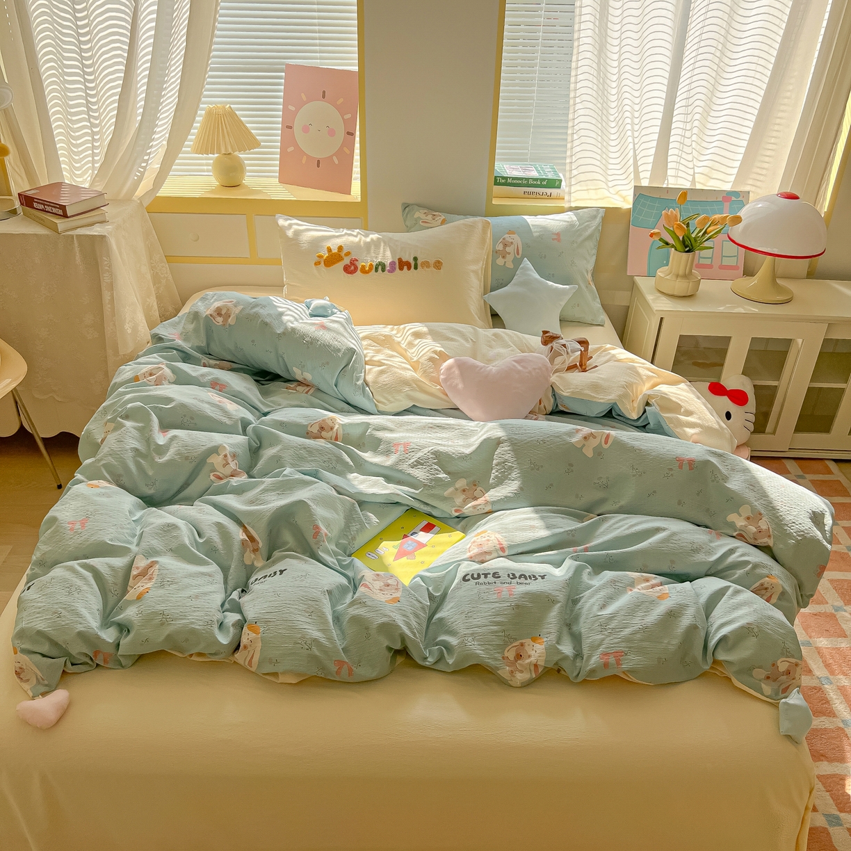 91家纺网 家纺一手货源 找家纺 子钦家纺 2026春夏新款提花泡芙棉可爱小清新手工爱心小星星系列床单床笠四件套-流星花园 流星花园-抱抱兔