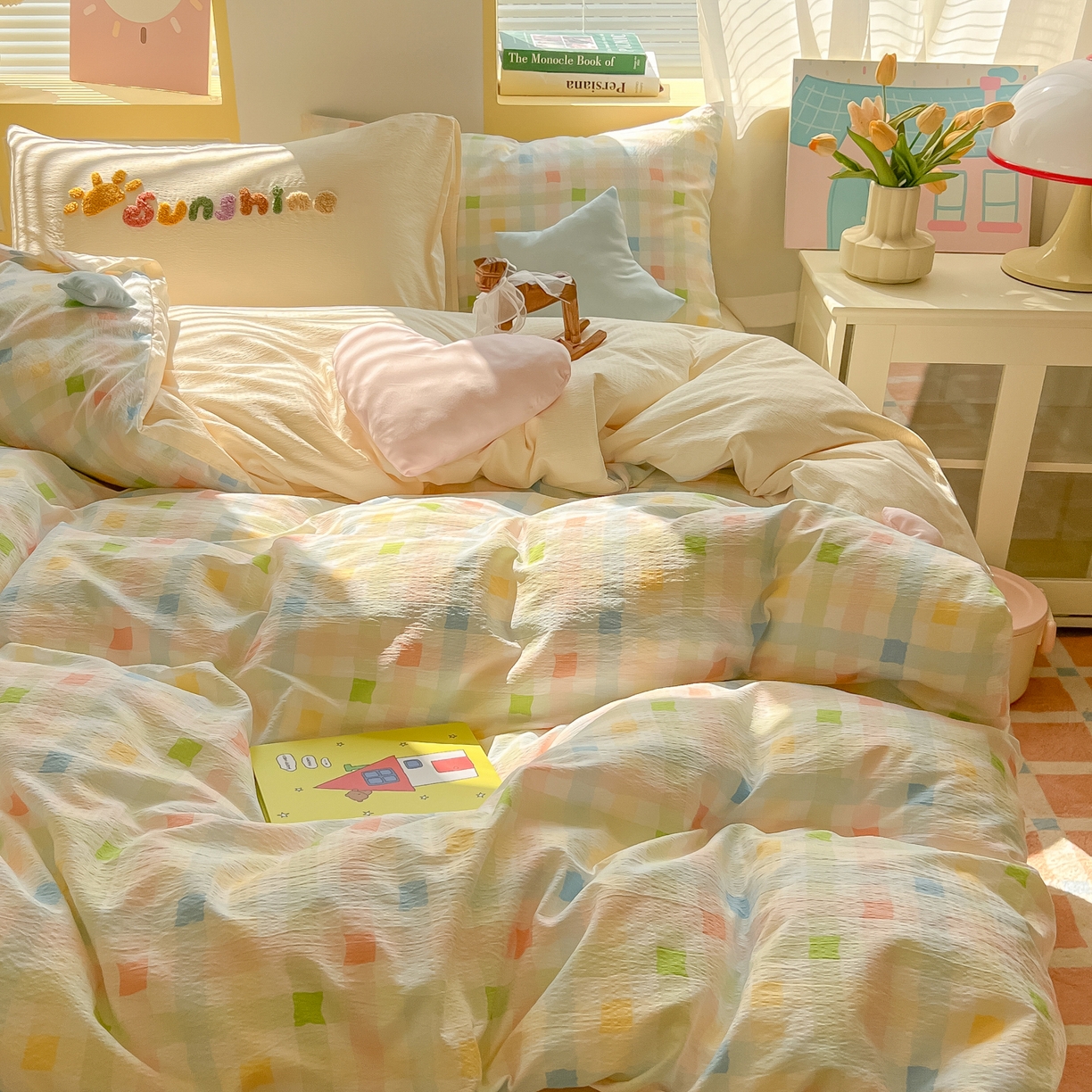 91家纺网 家纺一手货源 找家纺 子钦家纺 2026春夏新款提花泡芙棉可爱小清新手工爱心小星星系列床单床笠四件套-流星花园 流星花园-七彩格