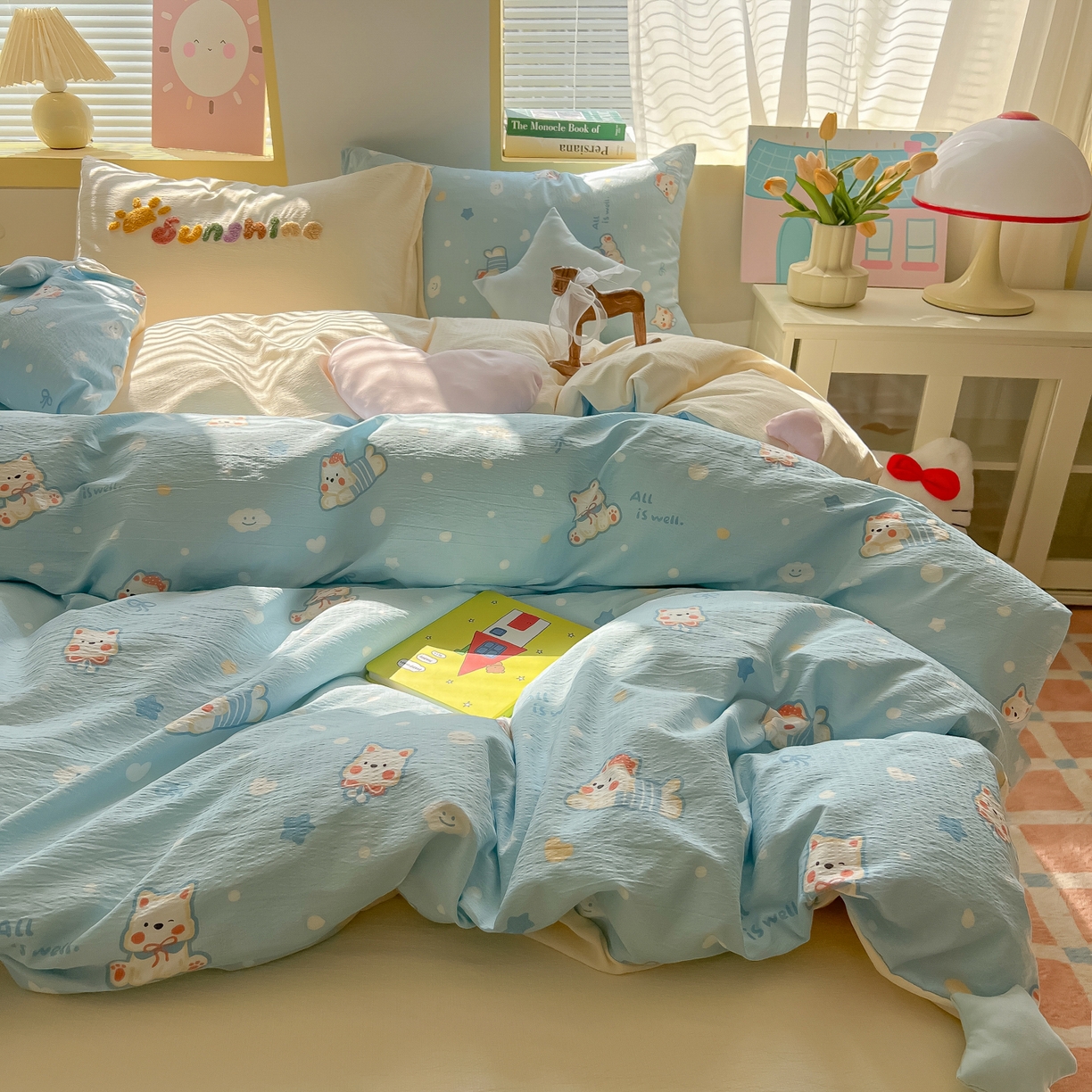 91家纺网 家纺一手货源 找家纺 子钦家纺 2026春夏新款提花泡芙棉可爱小清新手工爱心小星星系列床单床笠四件套-流星花园 流星花园-西高地