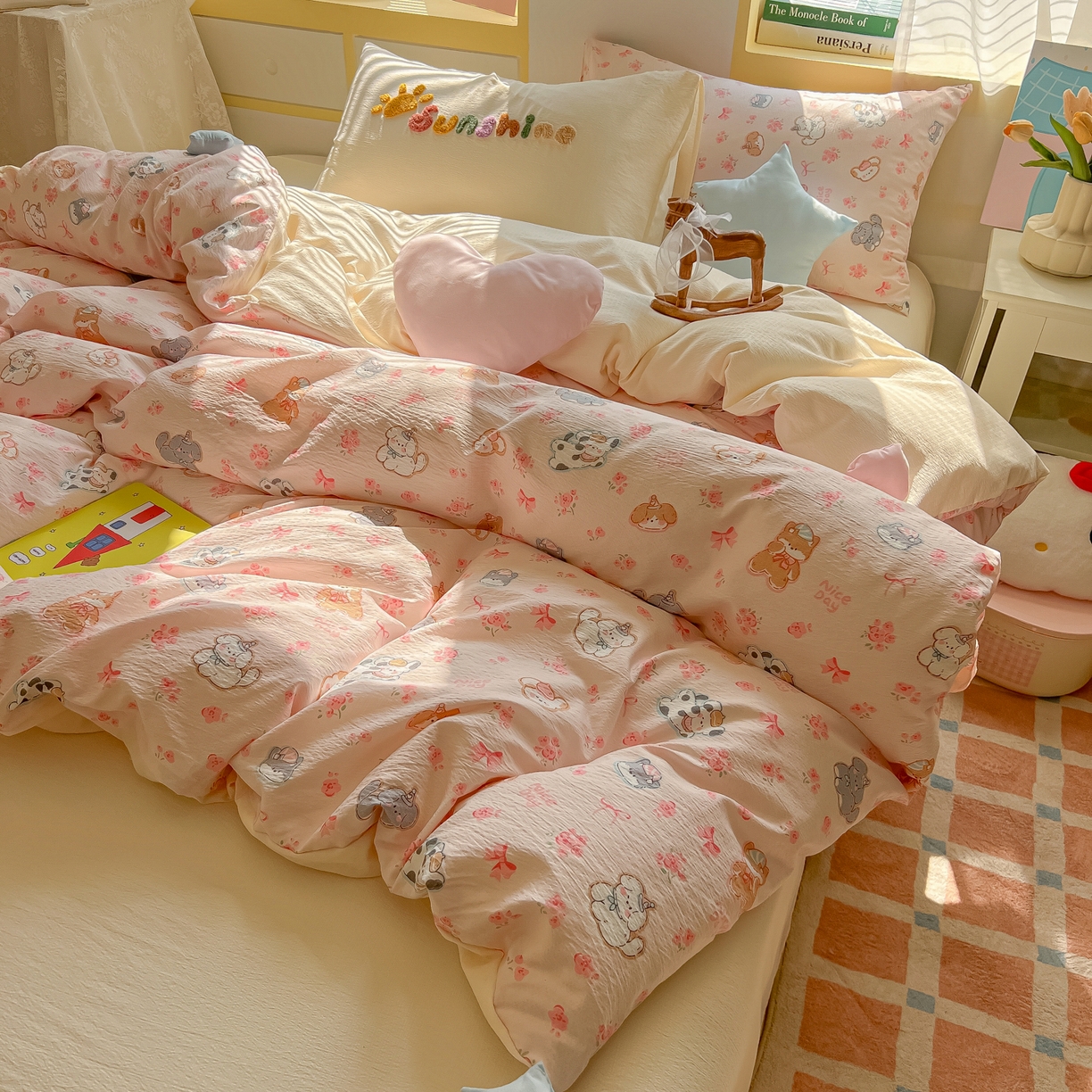 91家纺网 家纺一手货源 找家纺 子钦家纺 2026春夏新款提花泡芙棉可爱小清新手工爱心小星星系列床单床笠四件套-流星花园 流星花园-暖暖