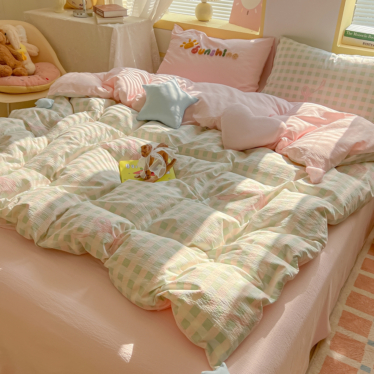 91家纺网 家纺一手货源 找家纺 子钦家纺 2026春夏新款提花泡芙棉可爱小清新手工爱心小星星系列床单床笠四件套-流星花园 流星花园-蝴蝶结格子