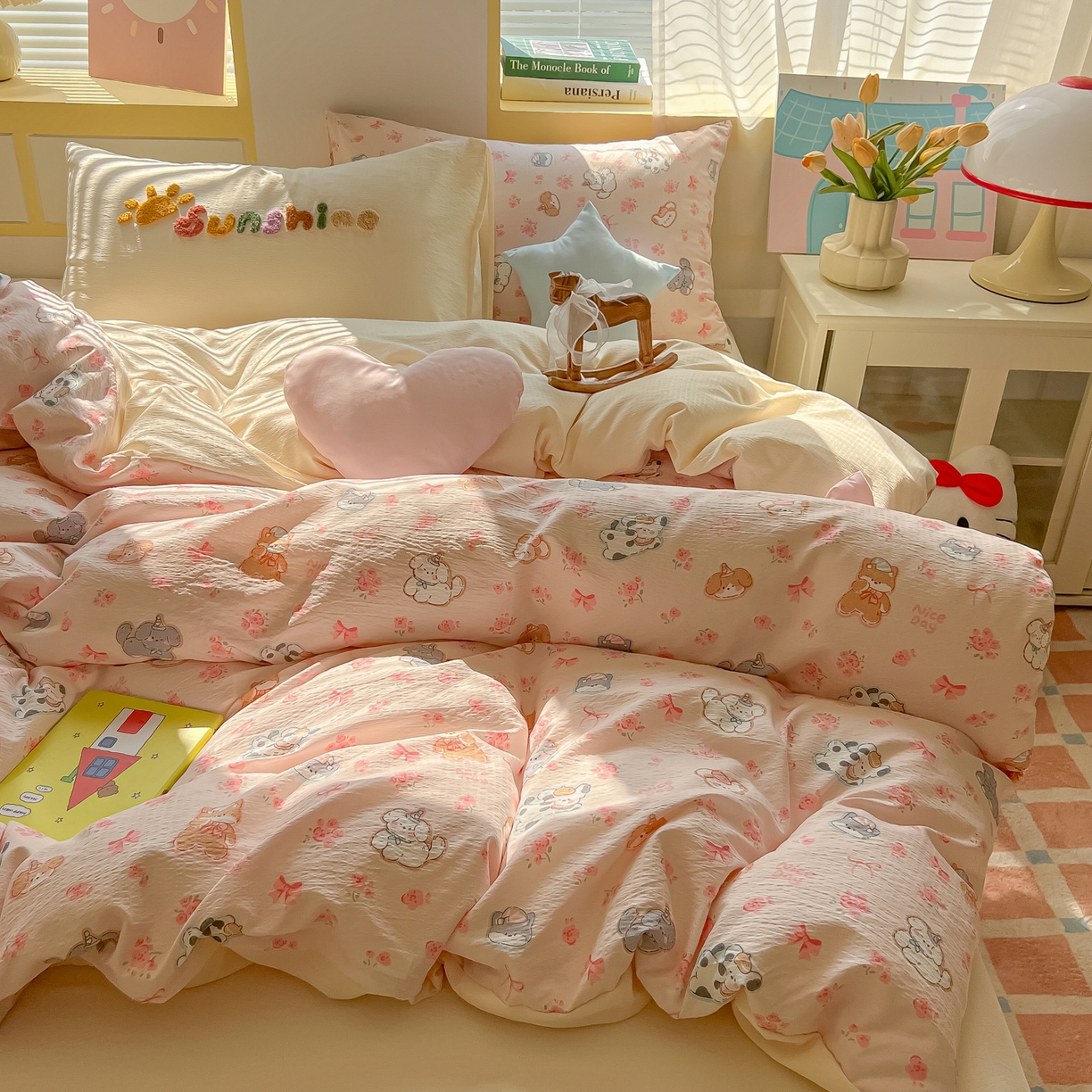 子钦家纺 2026春夏新款提花泡芙棉可爱小清新手工爱心小星星系列床单床笠四件套-流星花园 流星花园-暖暖