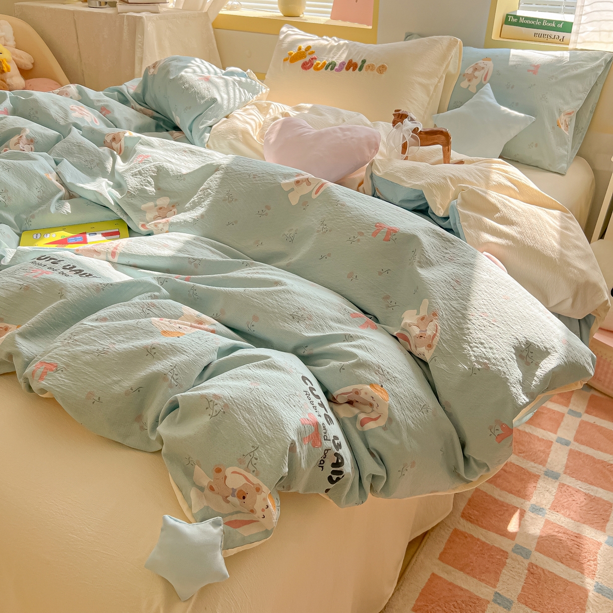 91家纺网 家纺一手货源 找家纺 子钦家纺 2026春夏新款提花泡芙棉可爱小清新手工爱心小星星系列床单床笠四件套-流星花园 流星花园-抱抱兔