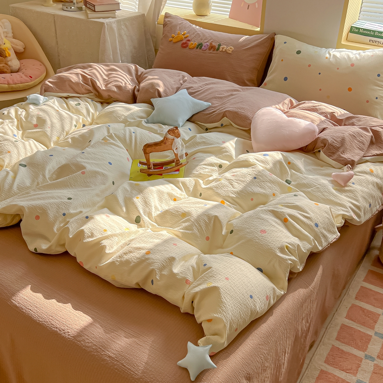 91家纺网 家纺一手货源 找家纺 子钦家纺 2026春夏新款提花泡芙棉可爱小清新手工爱心小星星系列床单床笠四件套-流星花园 流星花园-七彩波点