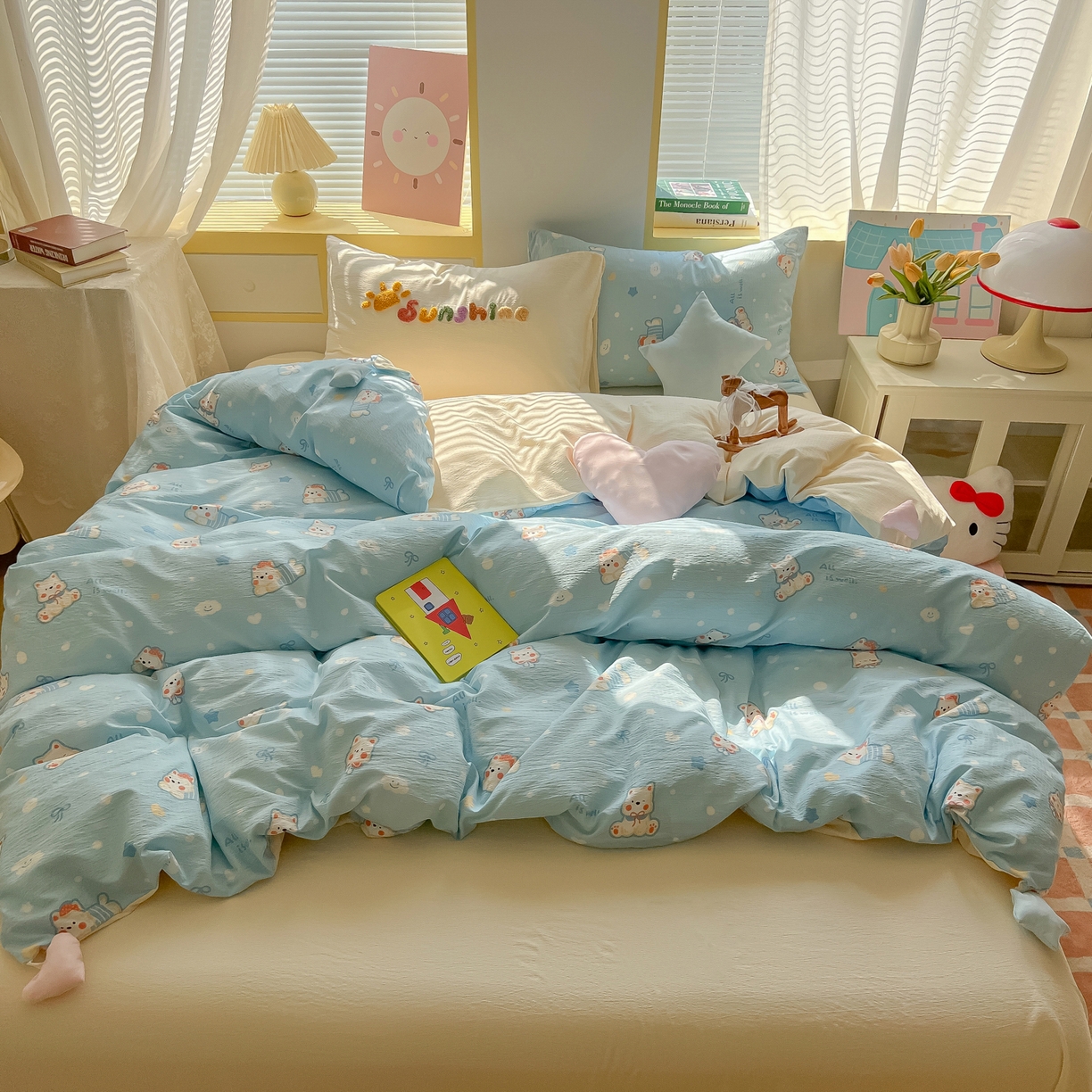 91家纺网 家纺一手货源 找家纺 子钦家纺 2026春夏新款提花泡芙棉可爱小清新手工爱心小星星系列床单床笠四件套-流星花园 流星花园-西高地