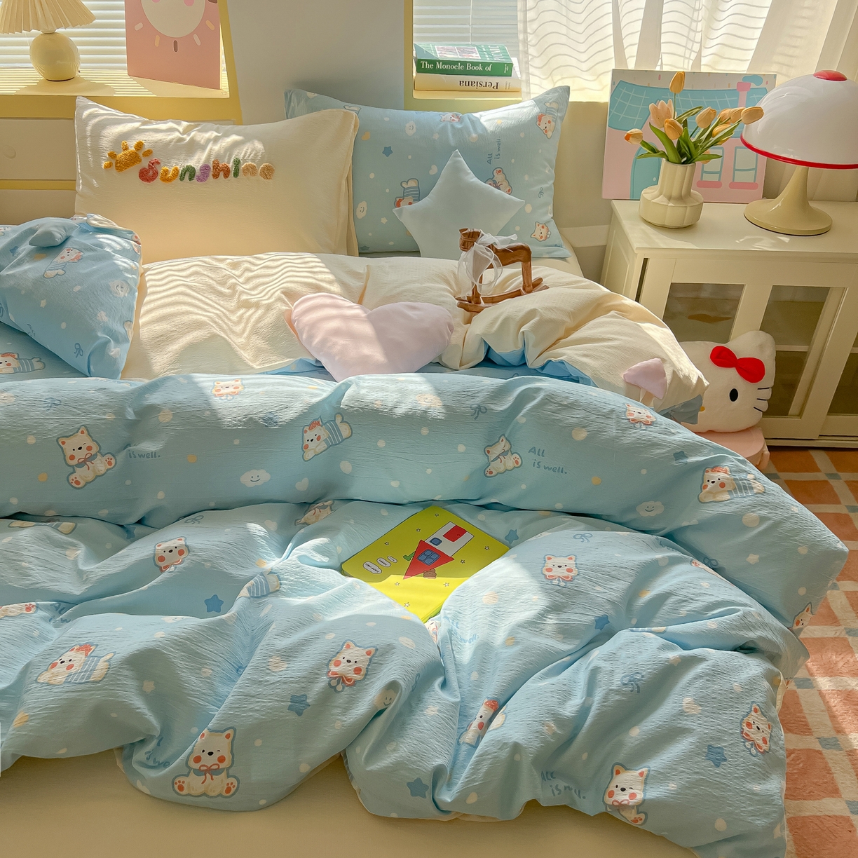 91家纺网 家纺一手货源 找家纺 子钦家纺 2026春夏新款提花泡芙棉可爱小清新手工爱心小星星系列床单床笠四件套-流星花园 流星花园-西高地