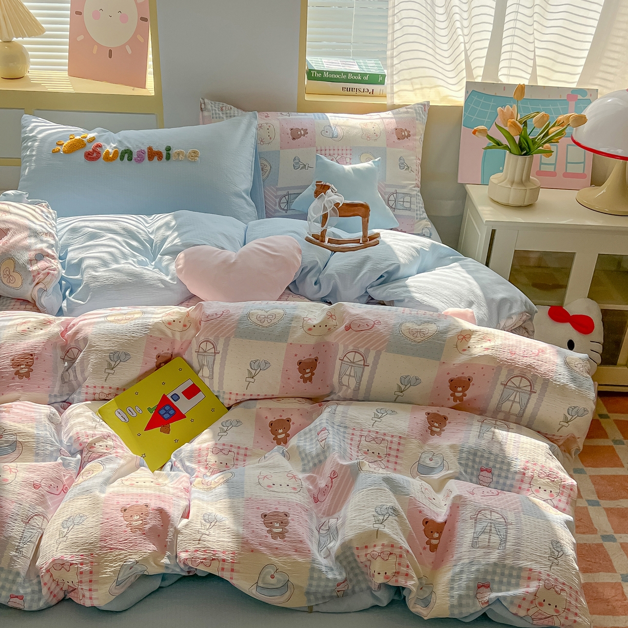 91家纺网 家纺一手货源 找家纺 子钦家纺 2026春夏新款提花泡芙棉可爱小清新手工爱心小星星系列床单床笠四件套-流星花园 流星花园-半塘主义