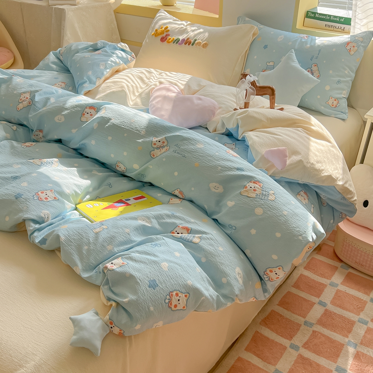 91家纺网 家纺一手货源 找家纺 子钦家纺 2026春夏新款提花泡芙棉可爱小清新手工爱心小星星系列床单床笠四件套-流星花园 流星花园-西高地