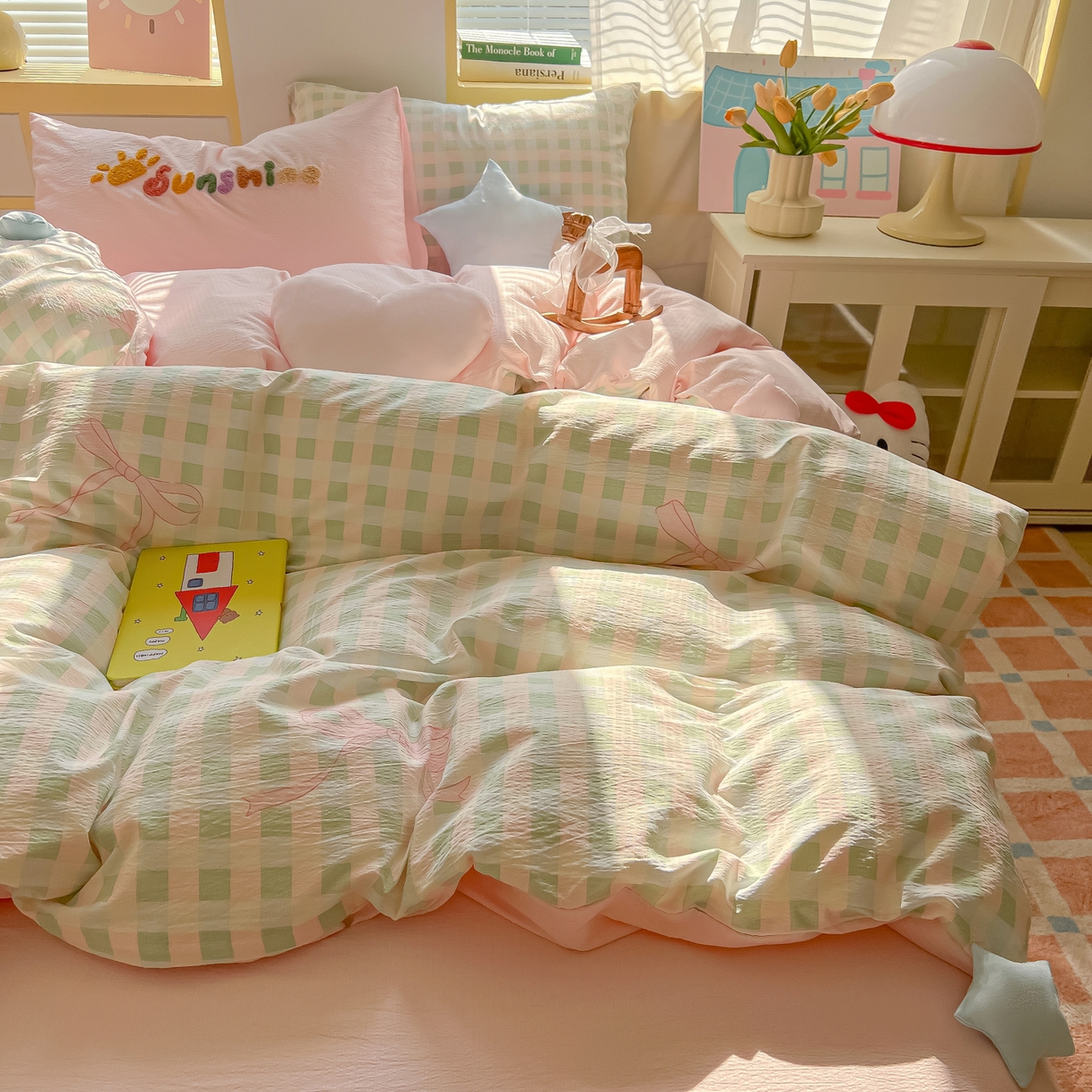 91家纺网 家纺一手货源 找家纺 子钦家纺 2026春夏新款提花泡芙棉可爱小清新手工爱心小星星系列床单床笠四件套-流星花园 流星花园-蝴蝶结格子
