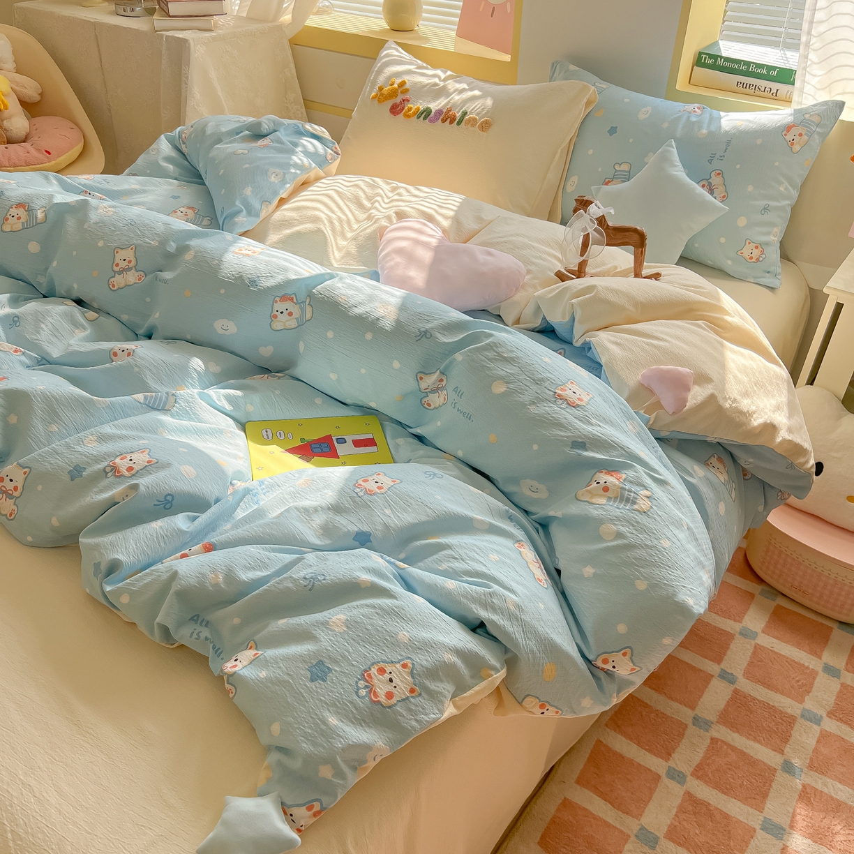 91家纺网 家纺一手货源 找家纺 子钦家纺 2026春夏新款提花泡芙棉可爱小清新手工爱心小星星系列床单床笠四件套-流星花园 流星花园-西高地