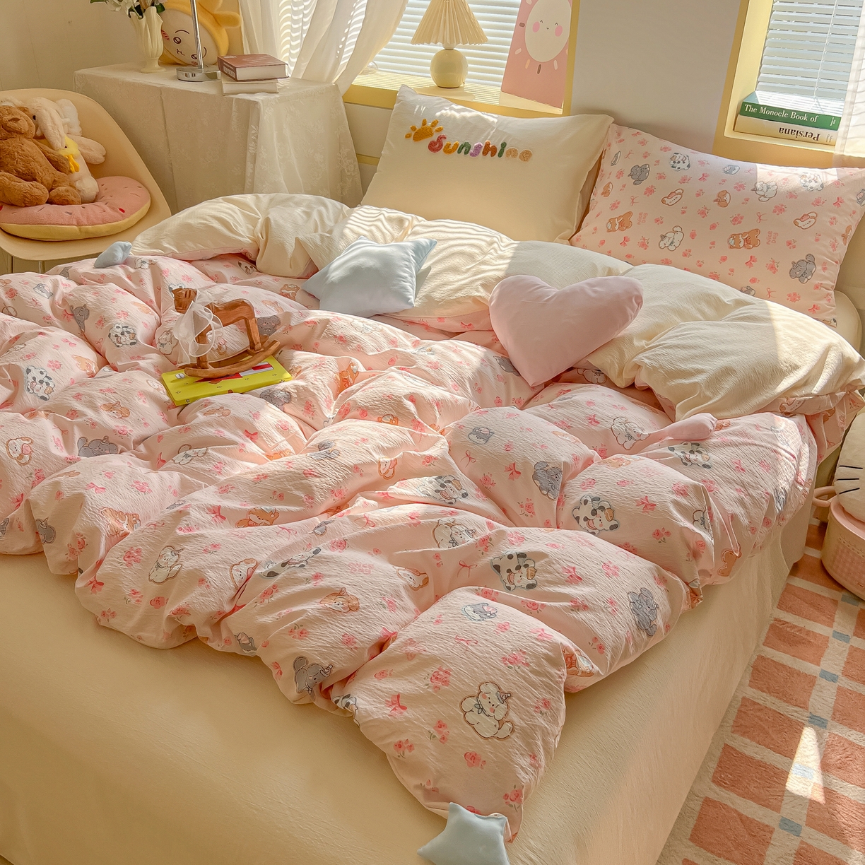 91家纺网 家纺一手货源 找家纺 子钦家纺 2026春夏新款提花泡芙棉可爱小清新手工爱心小星星系列床单床笠四件套-流星花园 流星花园-暖暖