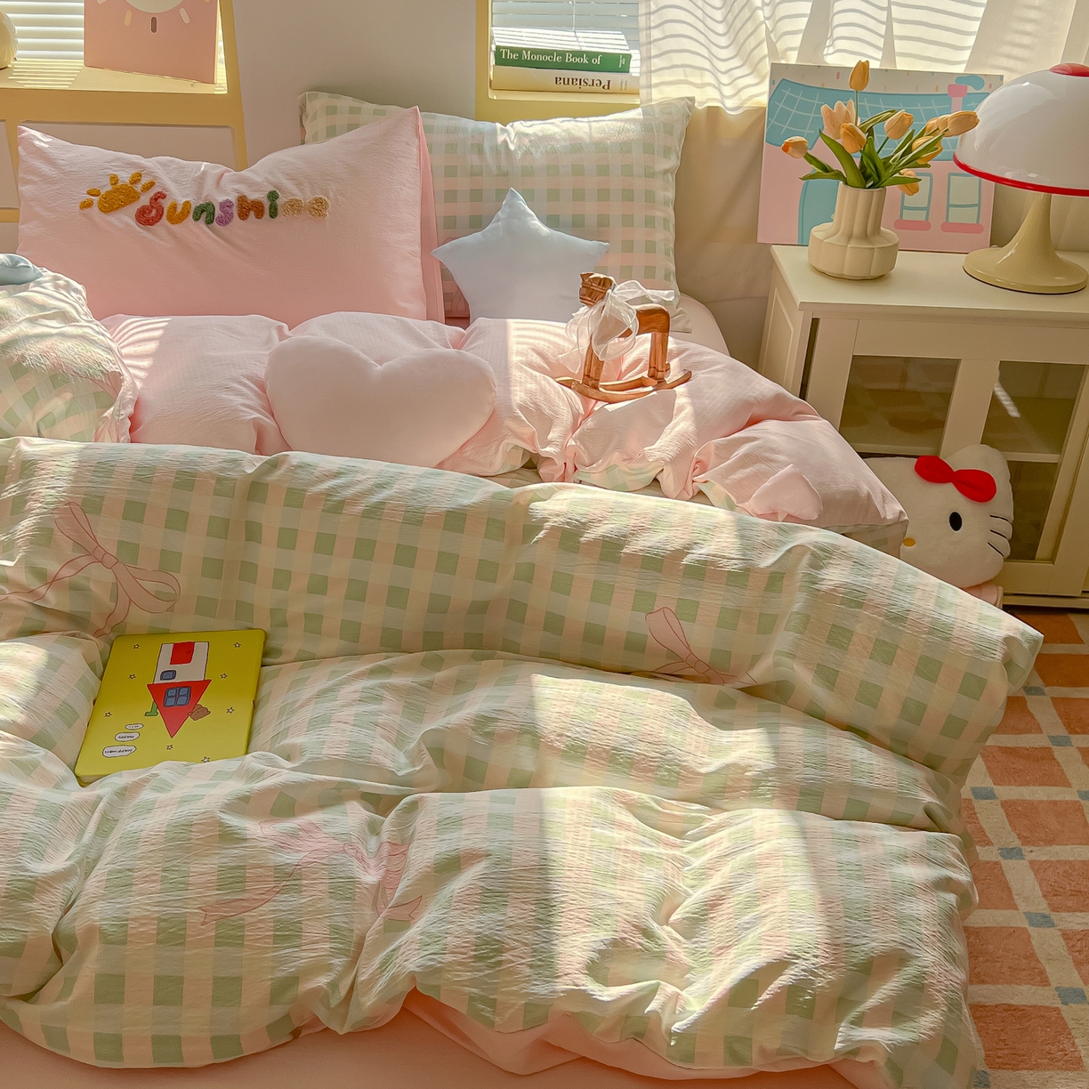 91家纺网 家纺一手货源 找家纺 子钦家纺 2026春夏新款提花泡芙棉可爱小清新手工爱心小星星系列床单床笠四件套-流星花园 流星花园-蝴蝶结格子