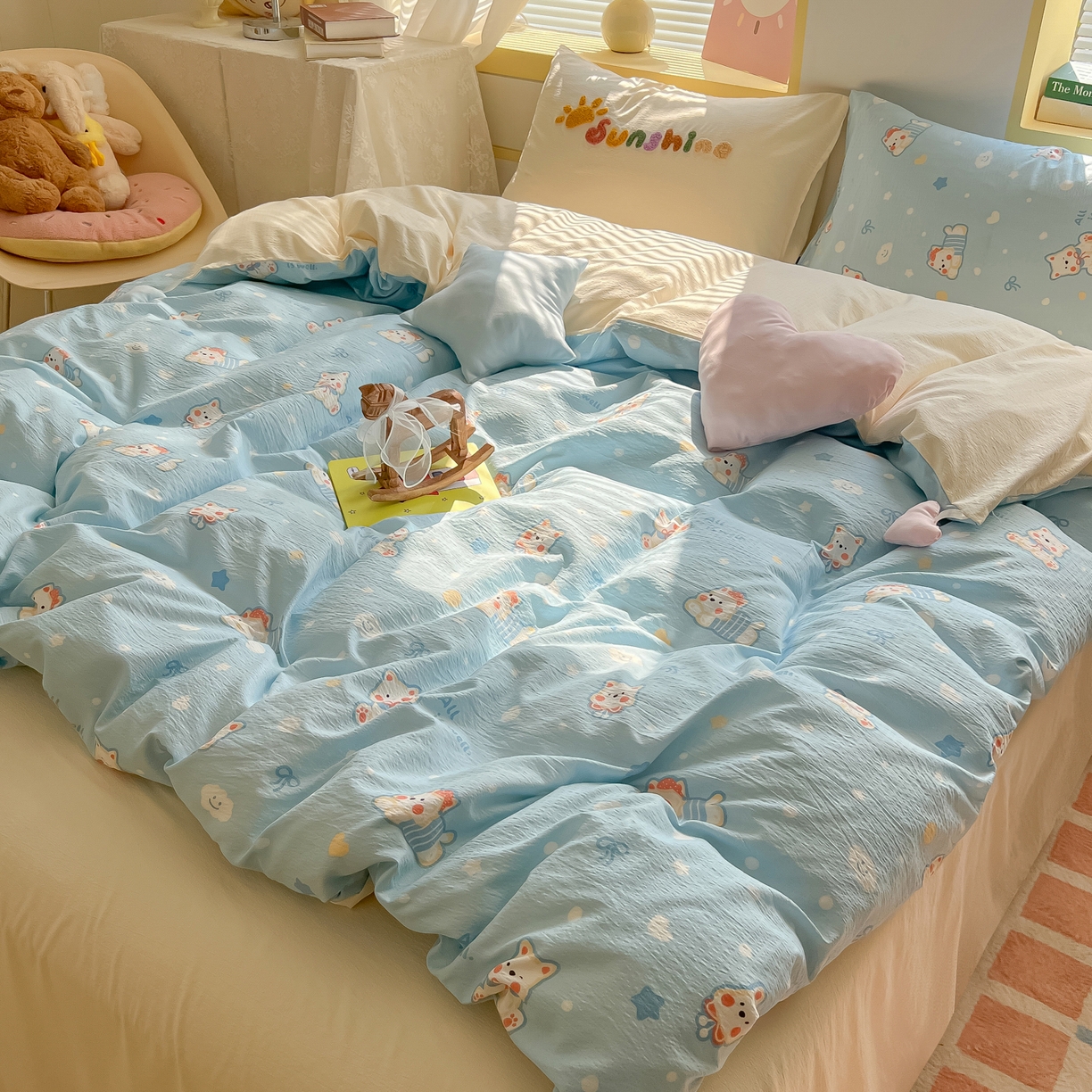 91家纺网 家纺一手货源 找家纺 子钦家纺 2026春夏新款提花泡芙棉可爱小清新手工爱心小星星系列床单床笠四件套-流星花园 流星花园-西高地