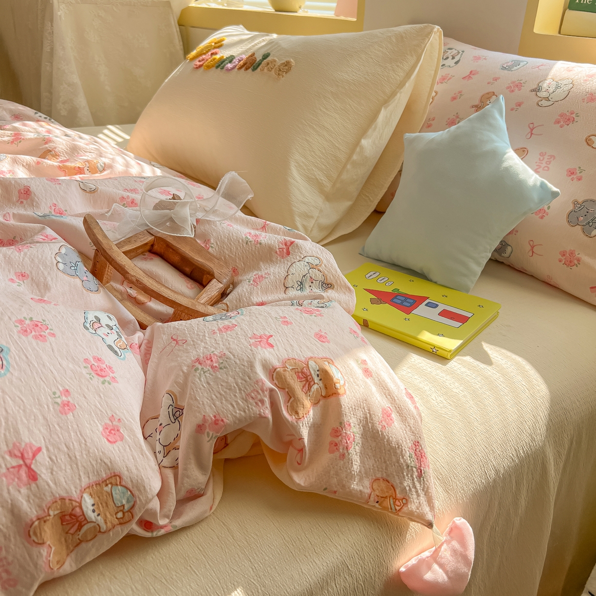 91家纺网 家纺一手货源 找家纺 子钦家纺 2026春夏新款提花泡芙棉可爱小清新手工爱心小星星系列床单床笠四件套-流星花园 流星花园-暖暖