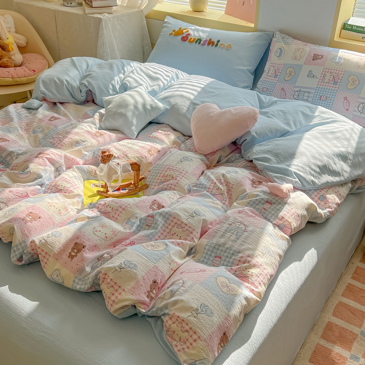 91家纺网 家纺一手货源 找家纺 子钦家纺 2026春夏新款提花泡芙棉可爱小清新手工爱心小星星系列床单床笠四件套-流星花园 流星花园-半塘主义