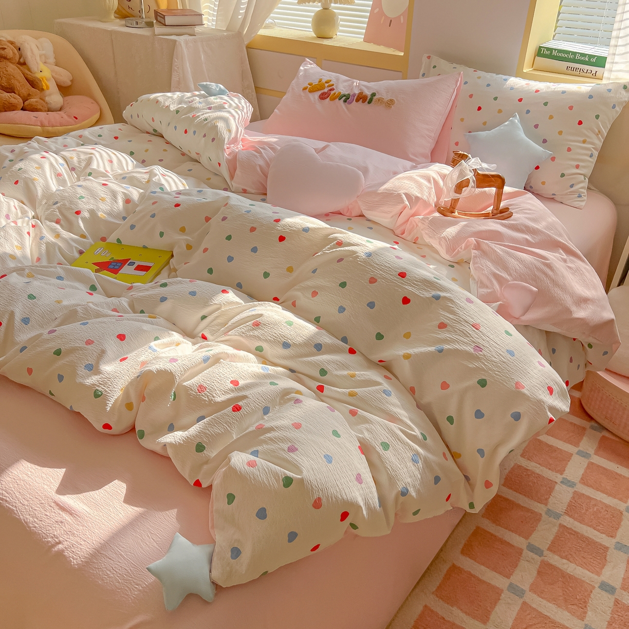 91家纺网 家纺一手货源 找家纺 子钦家纺 2026春夏新款提花泡芙棉可爱小清新手工爱心小星星系列床单床笠四件套-流星花园 流星花园-七彩爱心