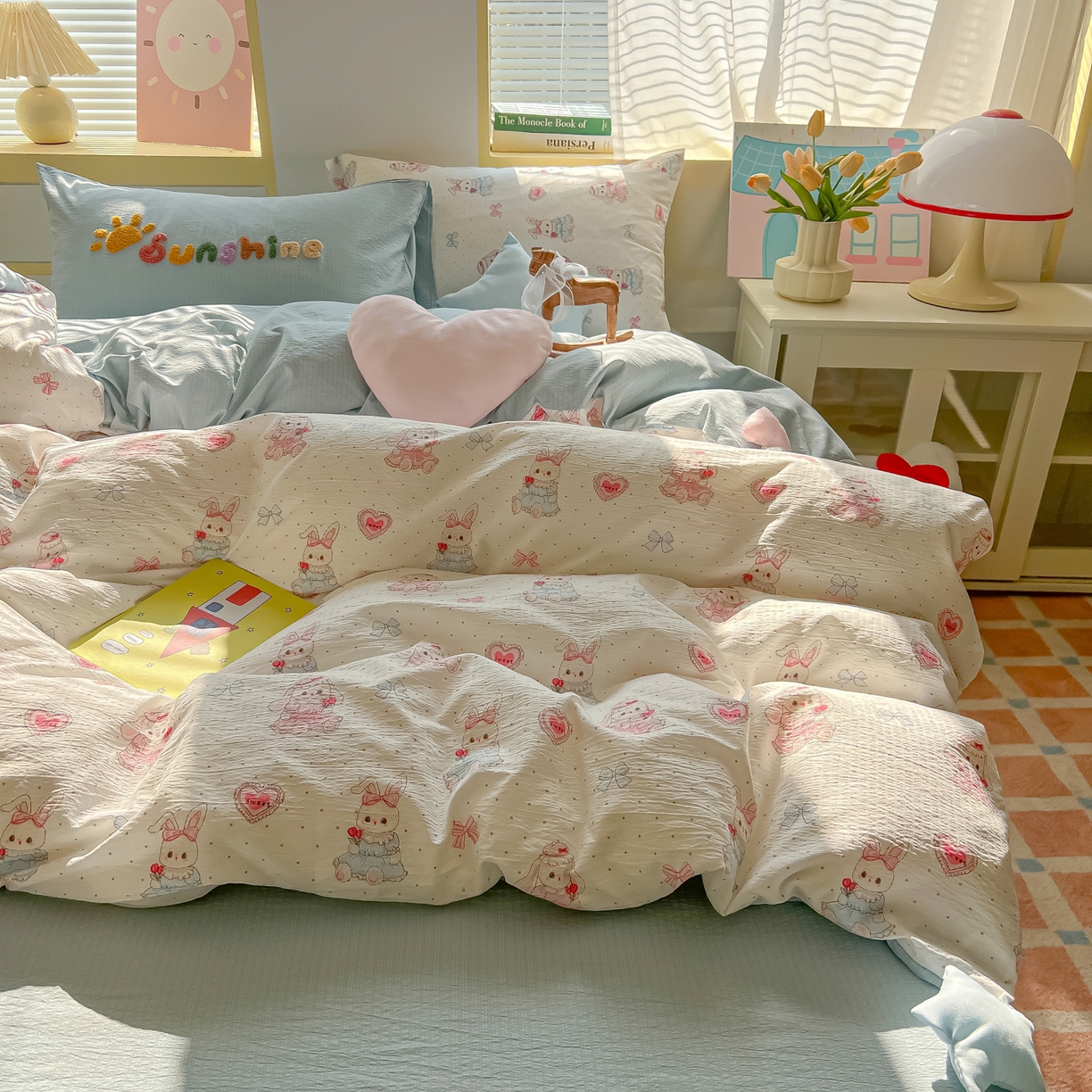 91家纺网 家纺一手货源 找家纺 子钦家纺 2026春夏新款提花泡芙棉可爱小清新手工爱心小星星系列床单床笠四件套-流星花园 流星花园-洛丽塔