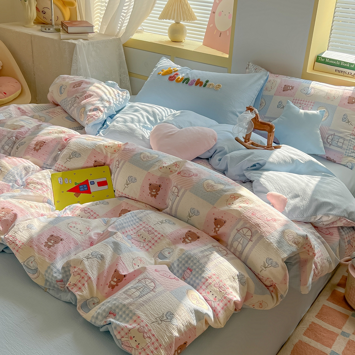 91家纺网 家纺一手货源 找家纺 子钦家纺 2026春夏新款提花泡芙棉可爱小清新手工爱心小星星系列床单床笠四件套-流星花园 流星花园-半塘主义