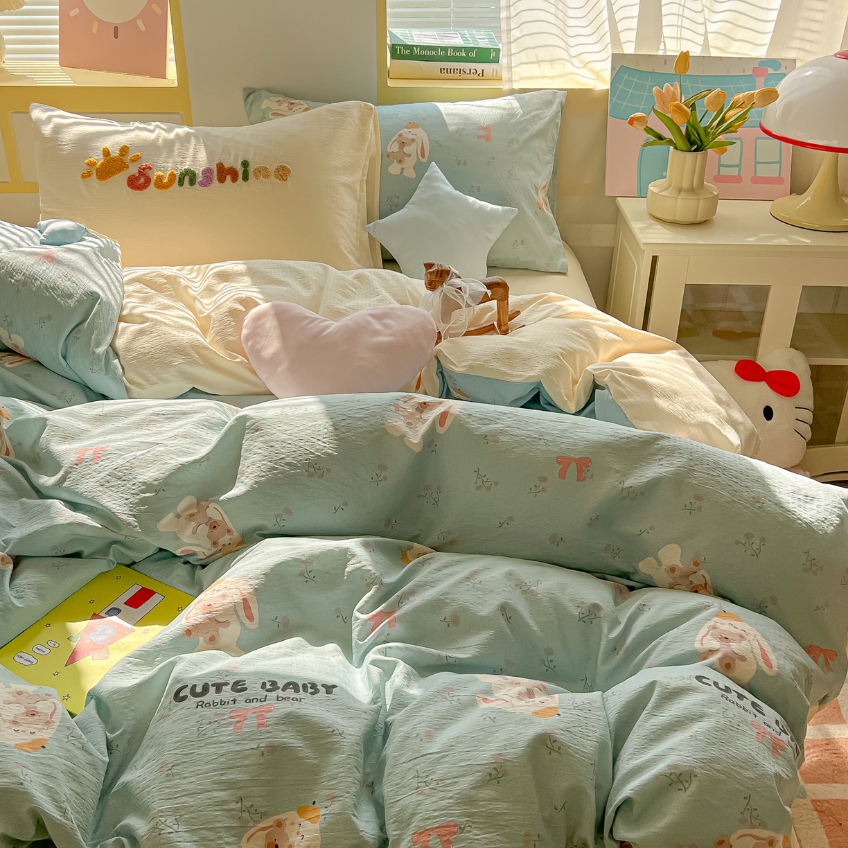 91家纺网 家纺一手货源 找家纺 子钦家纺 2026春夏新款提花泡芙棉可爱小清新手工爱心小星星系列床单床笠四件套-流星花园 流星花园-抱抱兔