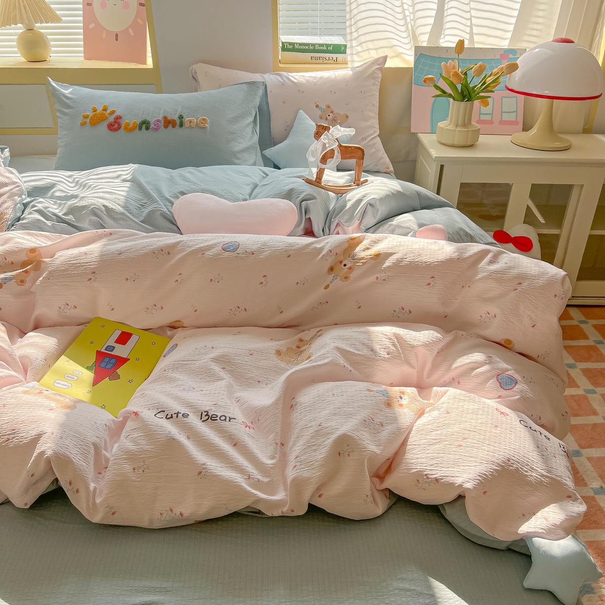 91家纺网 家纺一手货源 找家纺 子钦家纺 2026春夏新款提花泡芙棉可爱小清新手工爱心小星星系列床单床笠四件套-流星花园 流星花园-生日熊