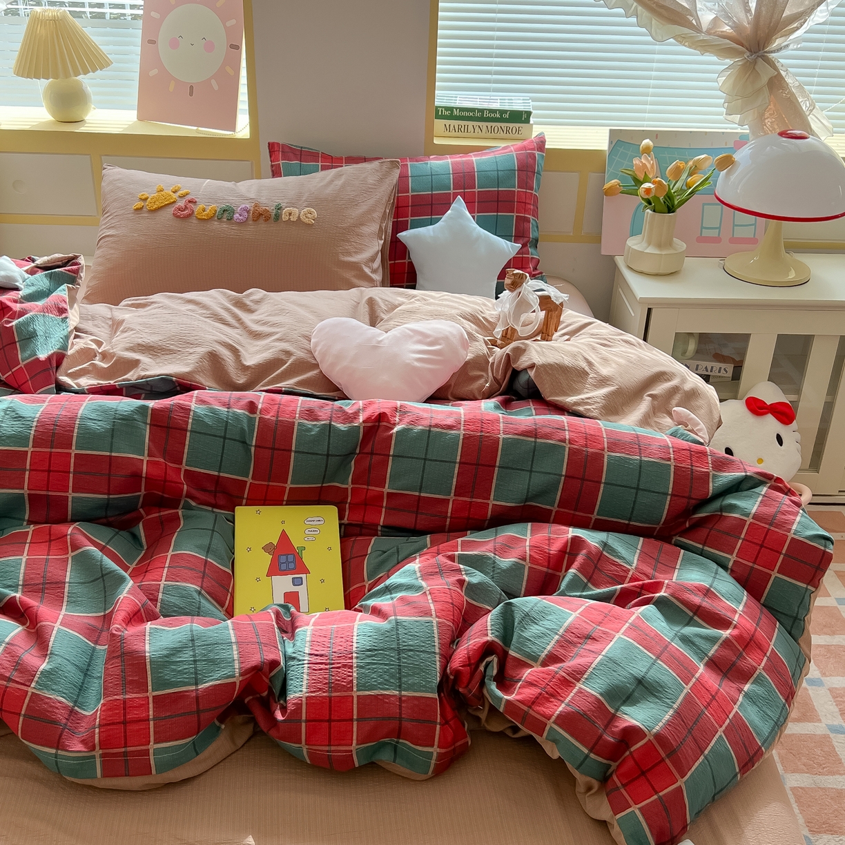 子钦家纺 2026春夏新款提花泡芙棉可爱小清新手工爱心小星星系列床单床笠四件套-流星花园 流星花园-苏格兰格