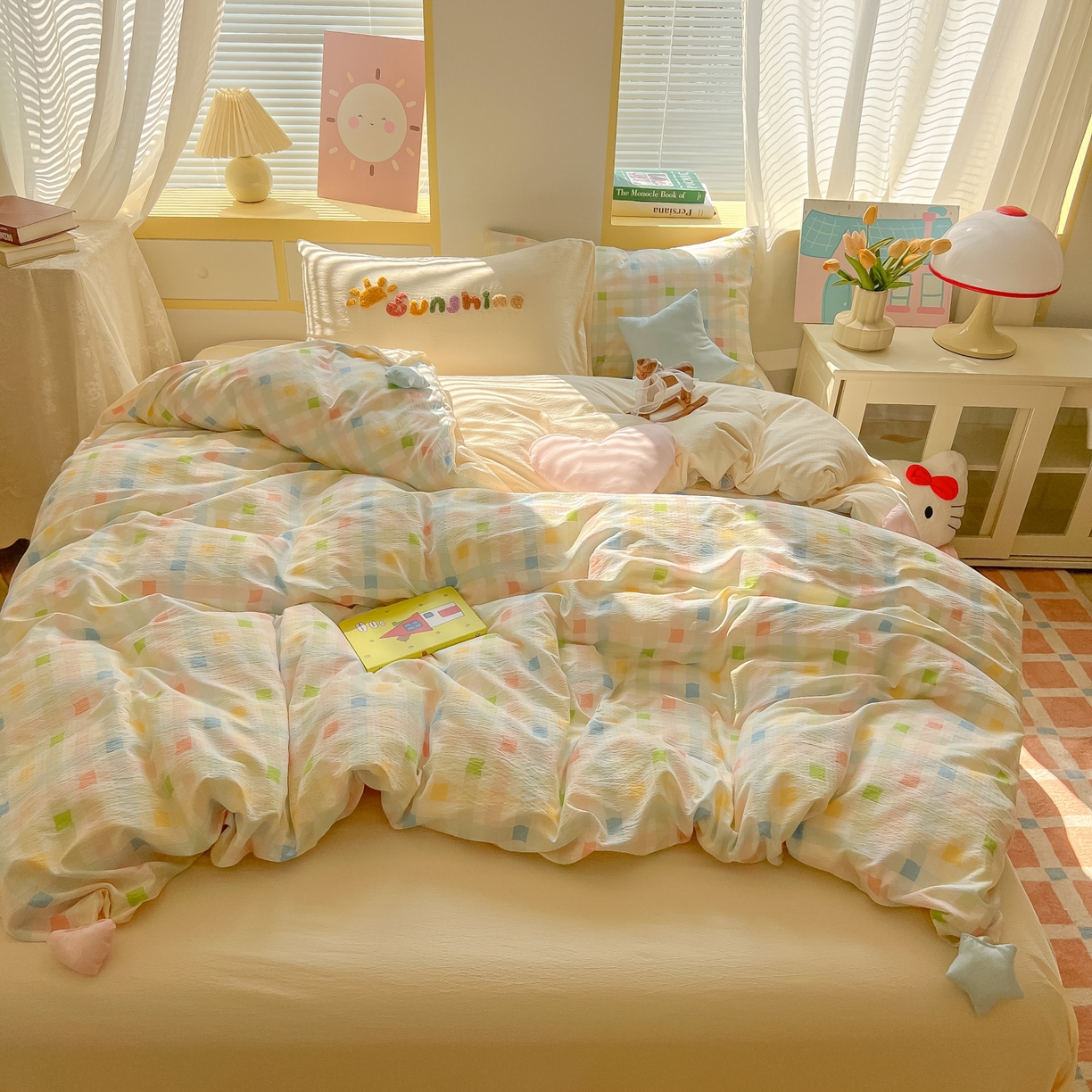 91家纺网 家纺一手货源 找家纺 子钦家纺 2026春夏新款提花泡芙棉可爱小清新手工爱心小星星系列床单床笠四件套-流星花园 流星花园-七彩格