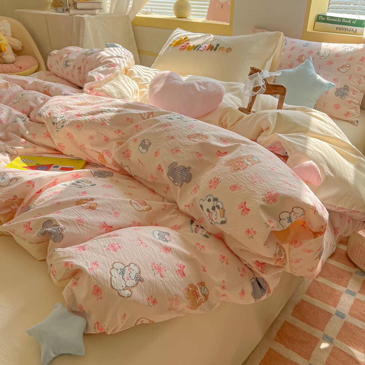 91家纺网 家纺一手货源 找家纺 子钦家纺 2026春夏新款提花泡芙棉可爱小清新手工爱心小星星系列床单床笠四件套-流星花园 流星花园-暖暖