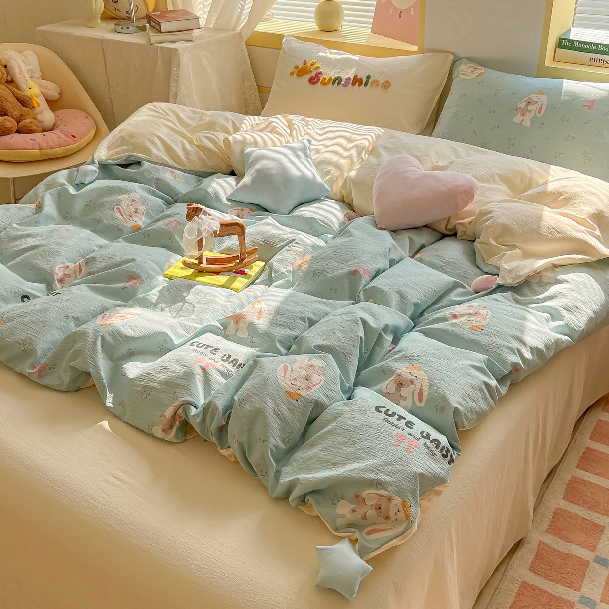 91家纺网 家纺一手货源 找家纺 子钦家纺 2026春夏新款提花泡芙棉可爱小清新手工爱心小星星系列床单床笠四件套-流星花园 流星花园-抱抱兔